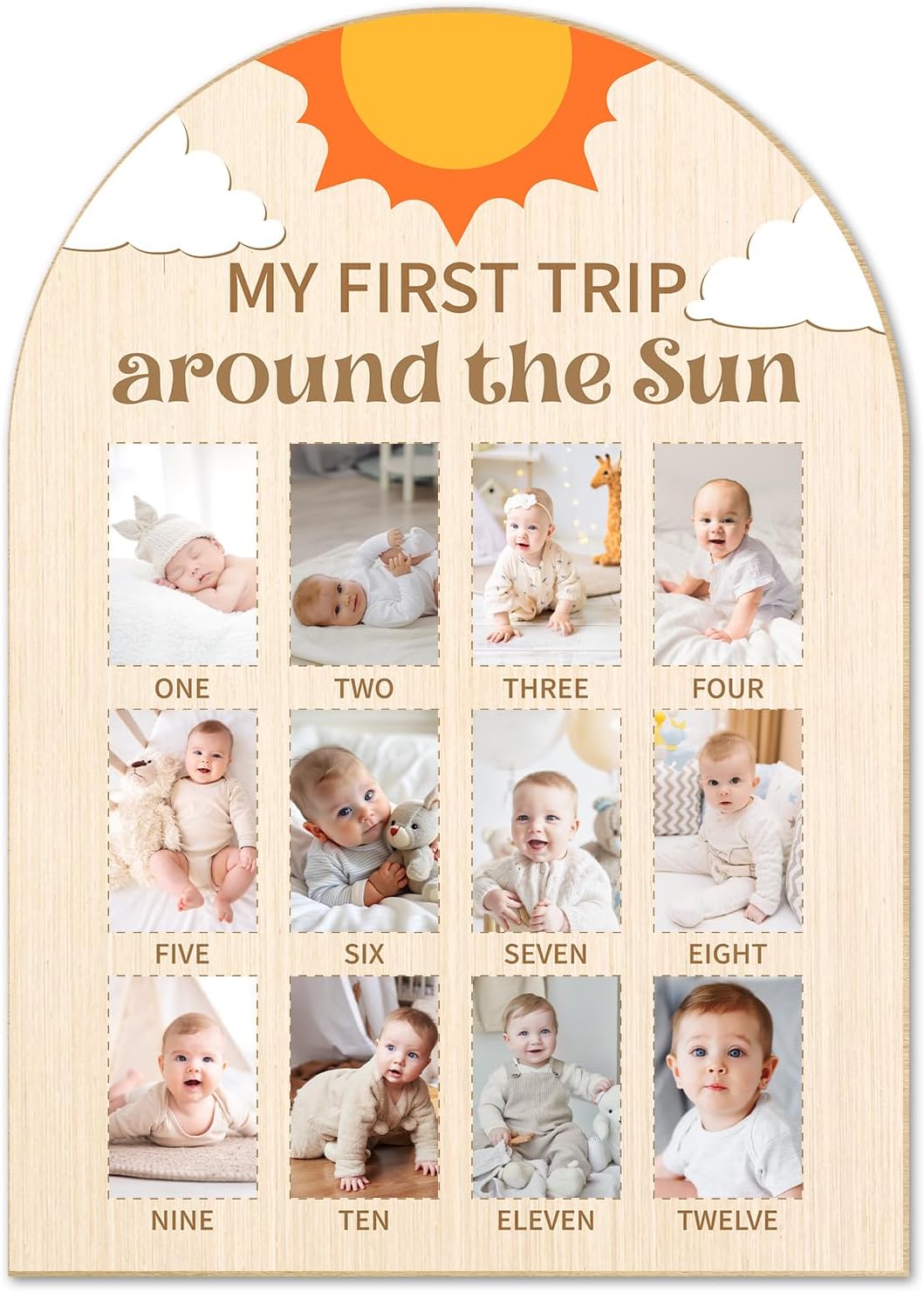 My First Trip Around the Sun Photo Board - Newborn 12 Months Milestone Wooden Photo Board, First Birthday Decorations, Baby Keepsake Gift Supply (Fit 2x3in Pic) -04