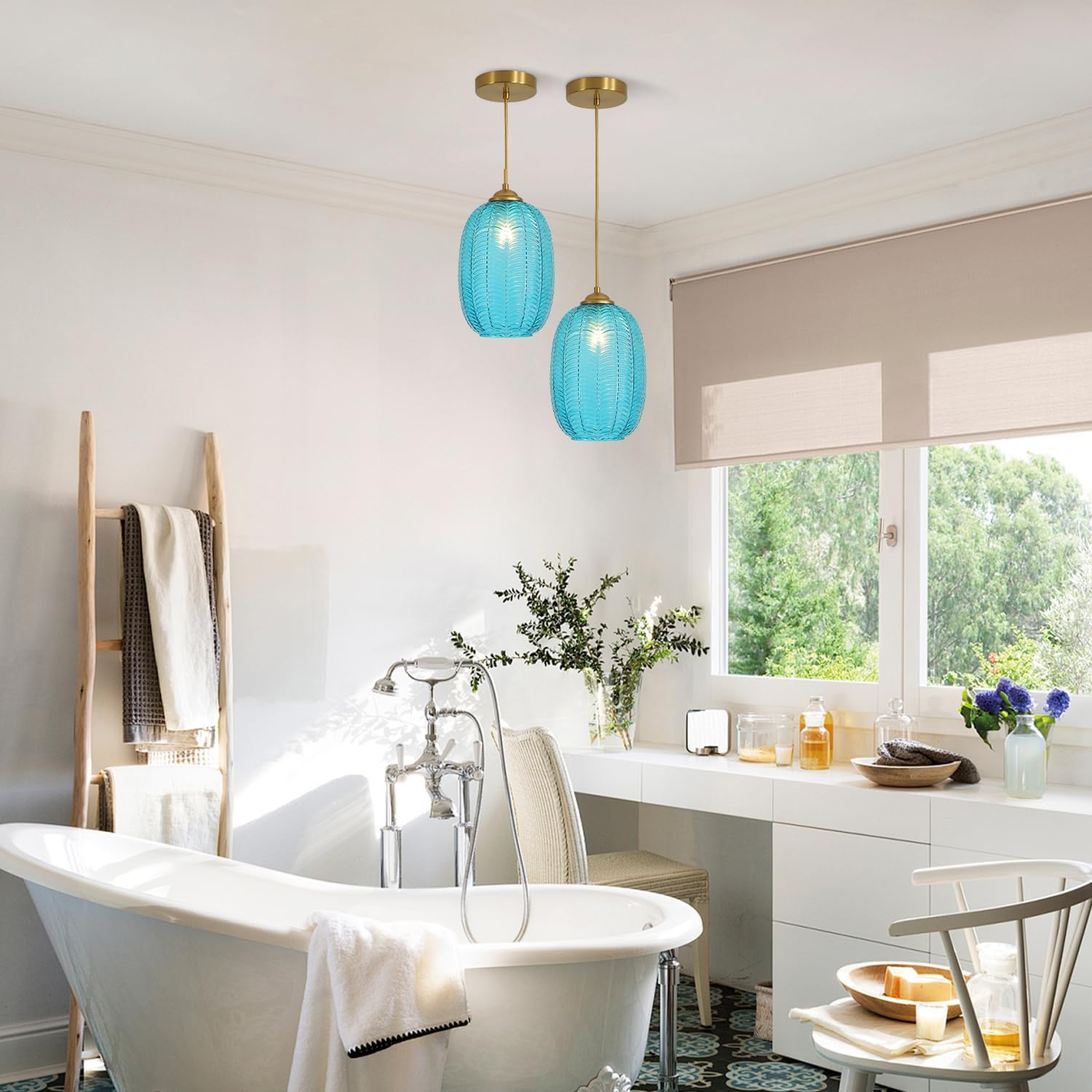 KCO Lighting Blue Glass Pendant Lights Kitchen Island Vintage Ribbed Glass Flush Mount Ceiling Light Brushed Gold Pendant Light Mid Century Modern Hanging Light Fixture