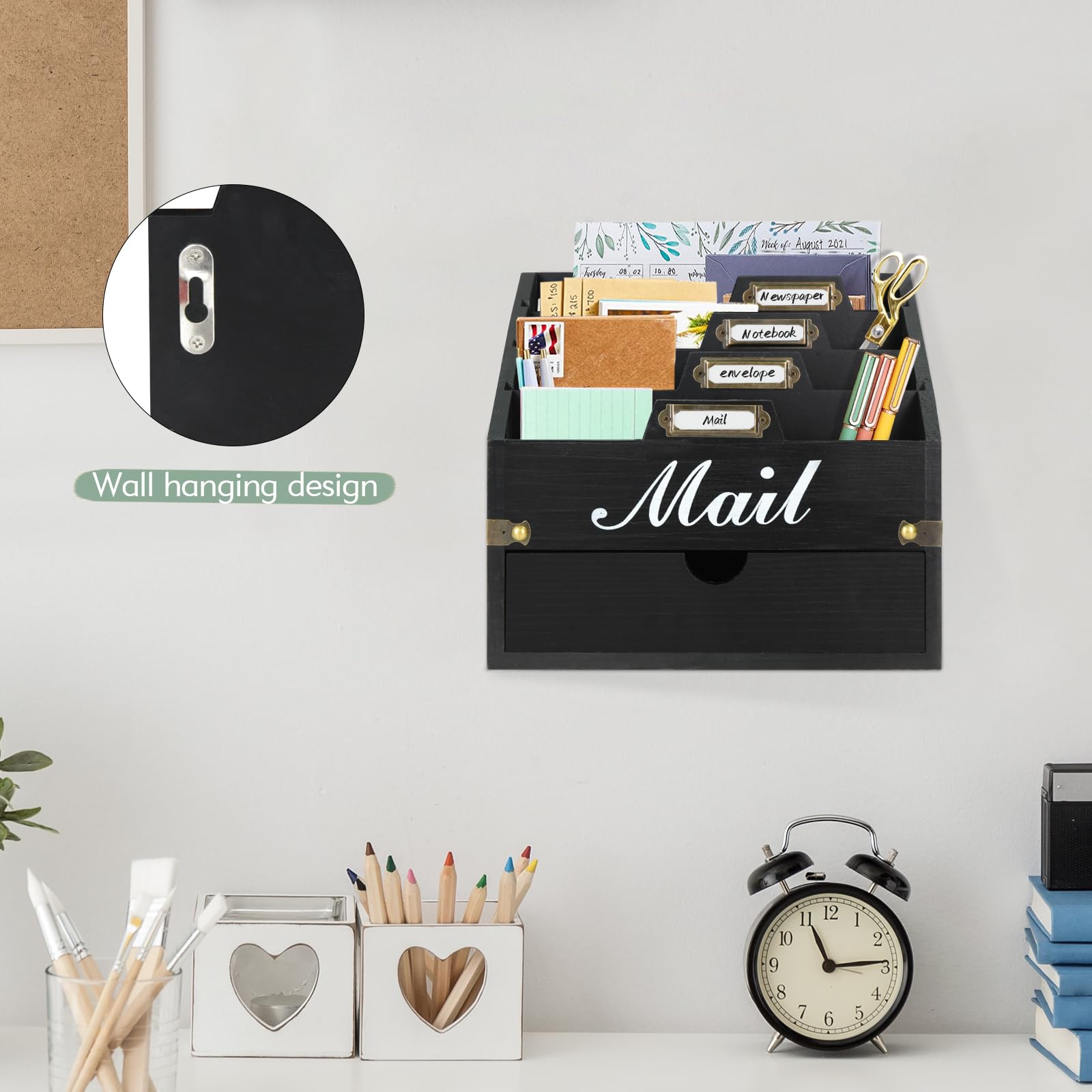 Organisateur De Courrier En Bois Avec 6 Compartiments Et Tiroir – Pour Bureau, Factures, Documents – Noir Ou Blanc - 8