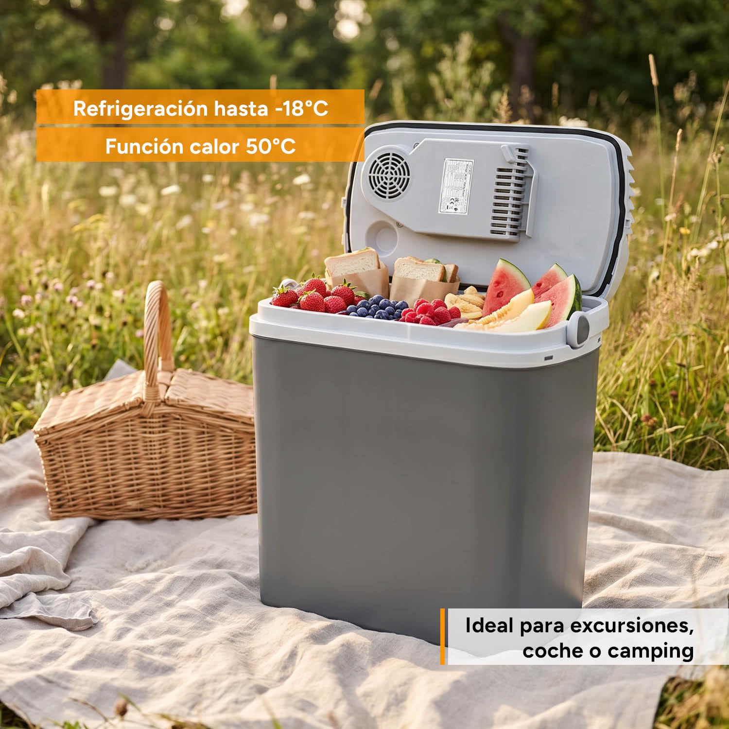 TZS First Austria Nevera Eléctrica 19L - Triple Alimentación con USB-C PD 3.0-52W Frío y Calor - Coche y Camping - Gris Claro