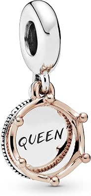 PANDORA Queen & Regal Crown Dangle Charm - Engraved Plaque Detail - Jewelry for Her with Gift Box - Compatible Moments Charm Bracelets - Sterling Silver & 14k Rose Gold