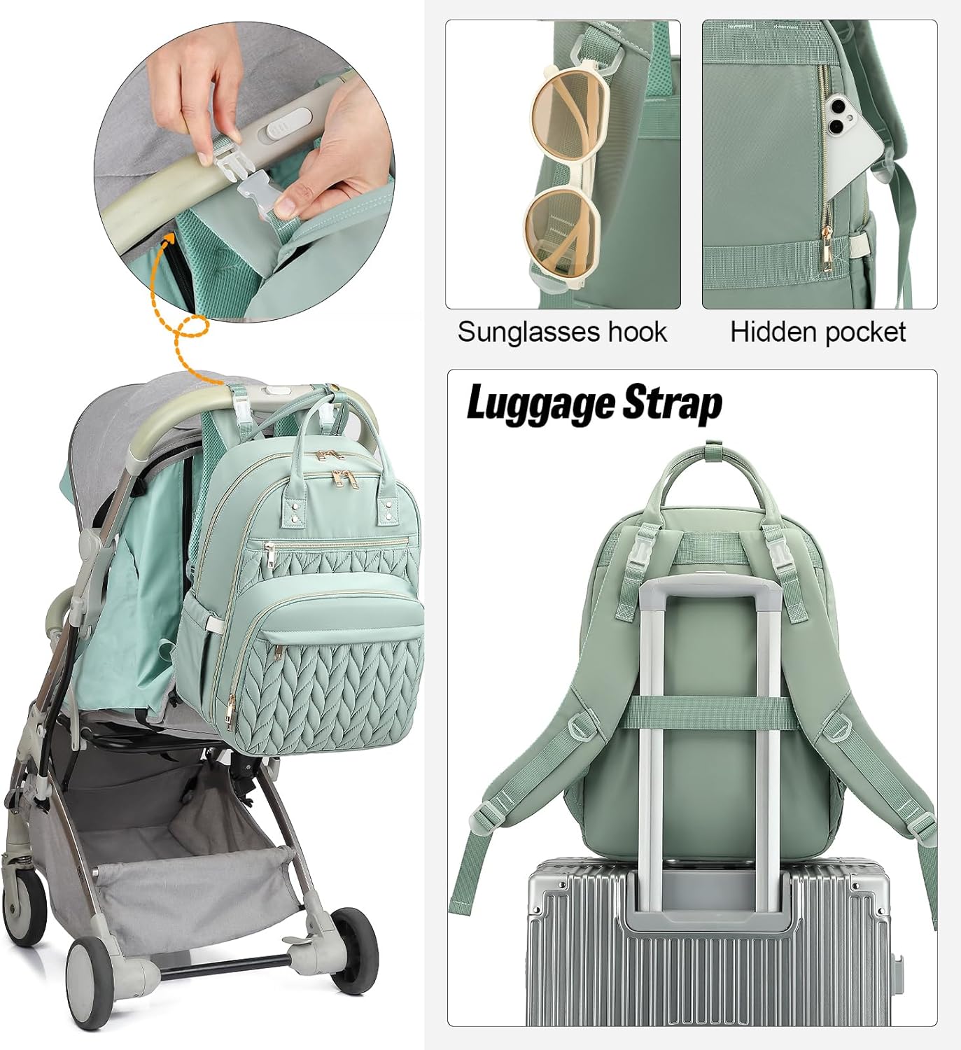 Quilted Baby Diaper Bag Backpack for Women, Baby Girls Boys Nappy Bags with Stroller Straps Insulated Pockets (Matcha Green)