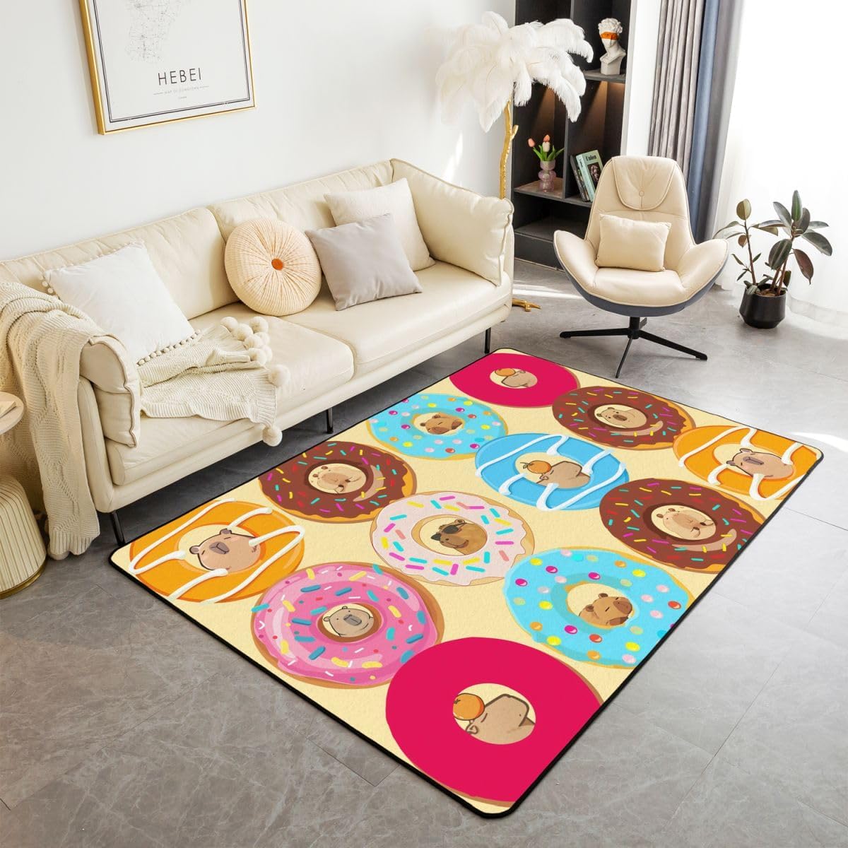 Capybara Area Rug 3x5 for Kids - Donuts Kawaii Decorative Carpet Set - Lovely Living Room Rugs with Funny Animal and Food Theme - Bedroom Decor Indoor Floor Mat for Boys and Girls
