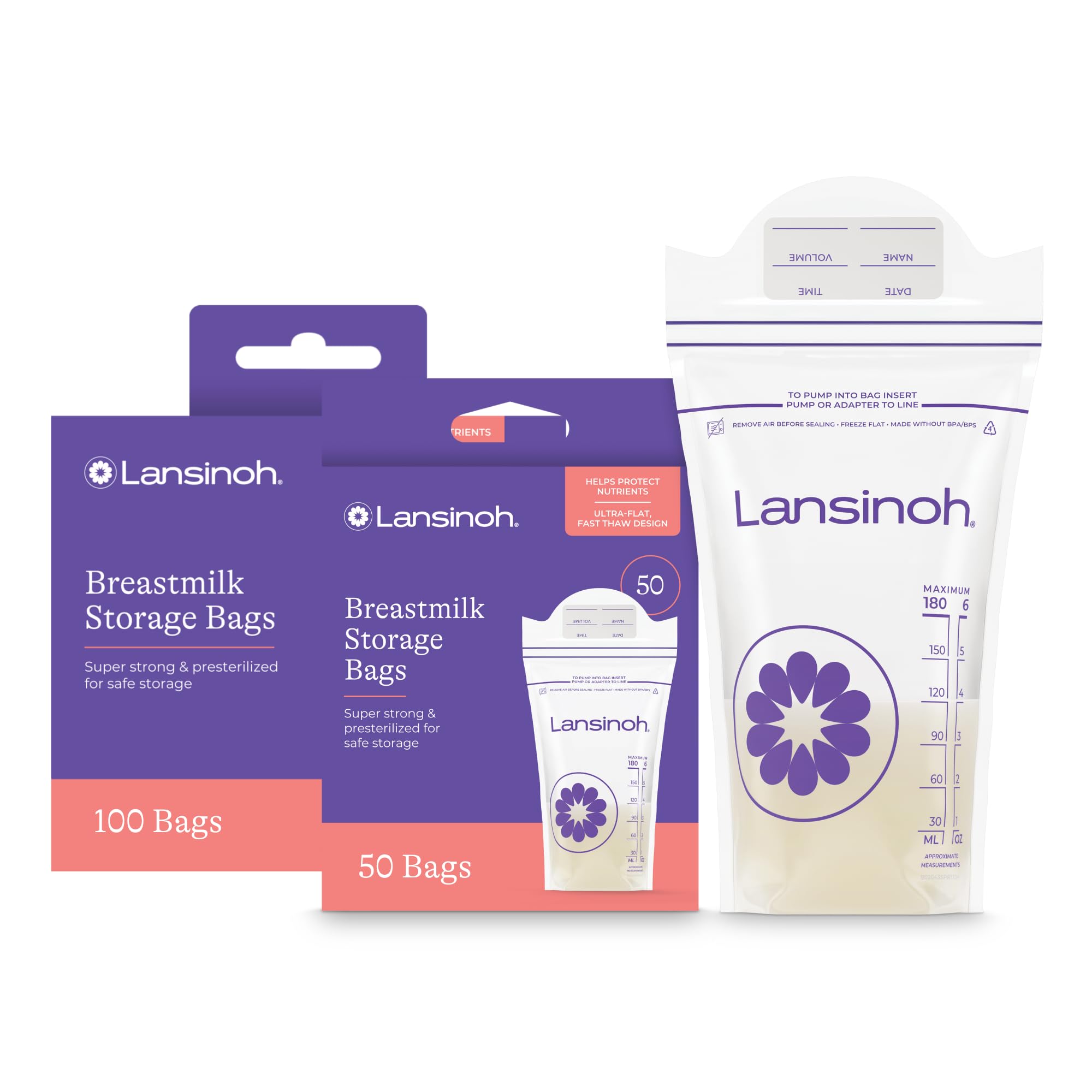 Lansinoh Breastmilk Storage Bags, 150 Count, Baby Essentials, Fast Freeze &amp; Thaw Breast Milk Bags for Baby Bottle Feeding, Superior Strength &amp; Stretch, 6 Ounce