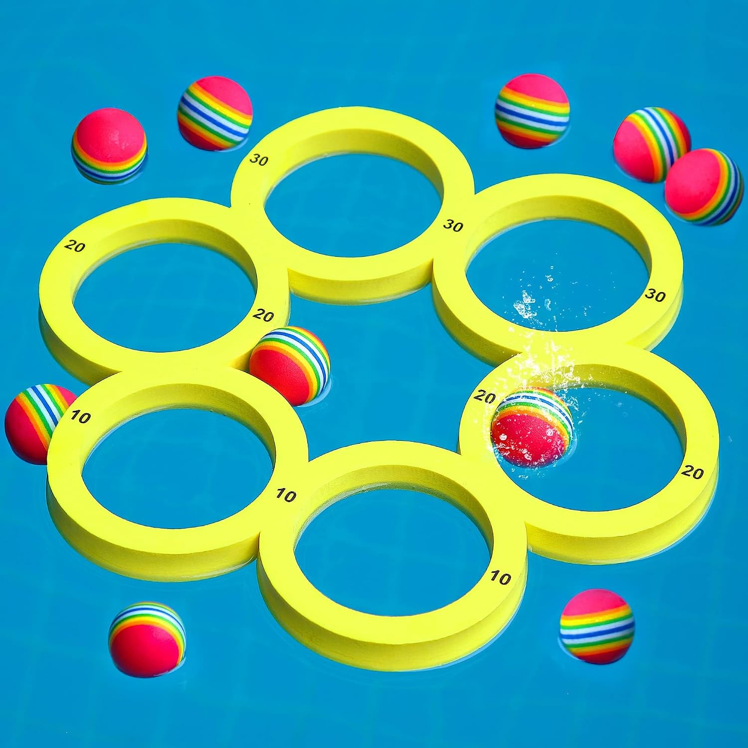 Hiboom Pool Game with Score, Combo Foam Pool Floats with 10 Colorful Tossing Balls, Toss Game Swimming Party Toys Accessories for Family Par, Dive Rings(Triangle,Yellow)