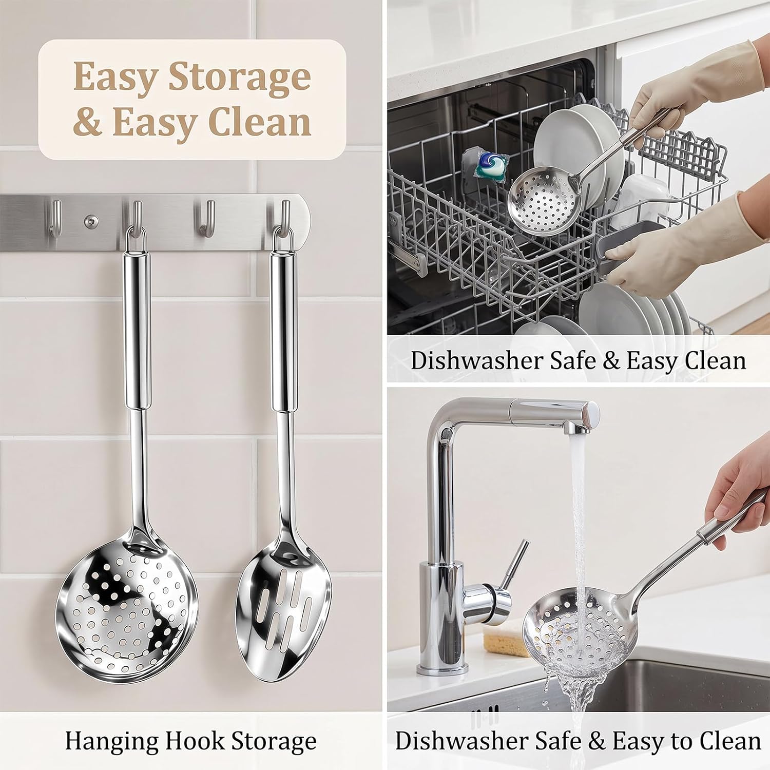 2PC Stainless Steel Skimmer Spoon Set, Slotted Spoon & Spider Strainer Ladle