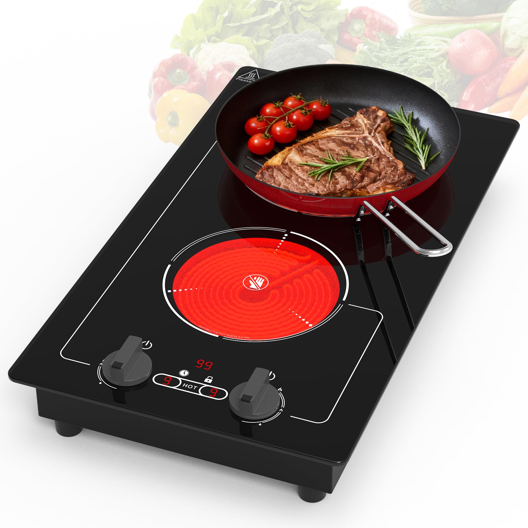 VBGK Cerankochfeld 2 Platten mit Stecker, 220V 3000W Glaskeramikkochfeld, 9 Leistungsstufen, Kindersicherung & Timer, Überhitzungsschutz, Drehknopf und Touch-Bedienung, Herdplatte 2 Kochfelder