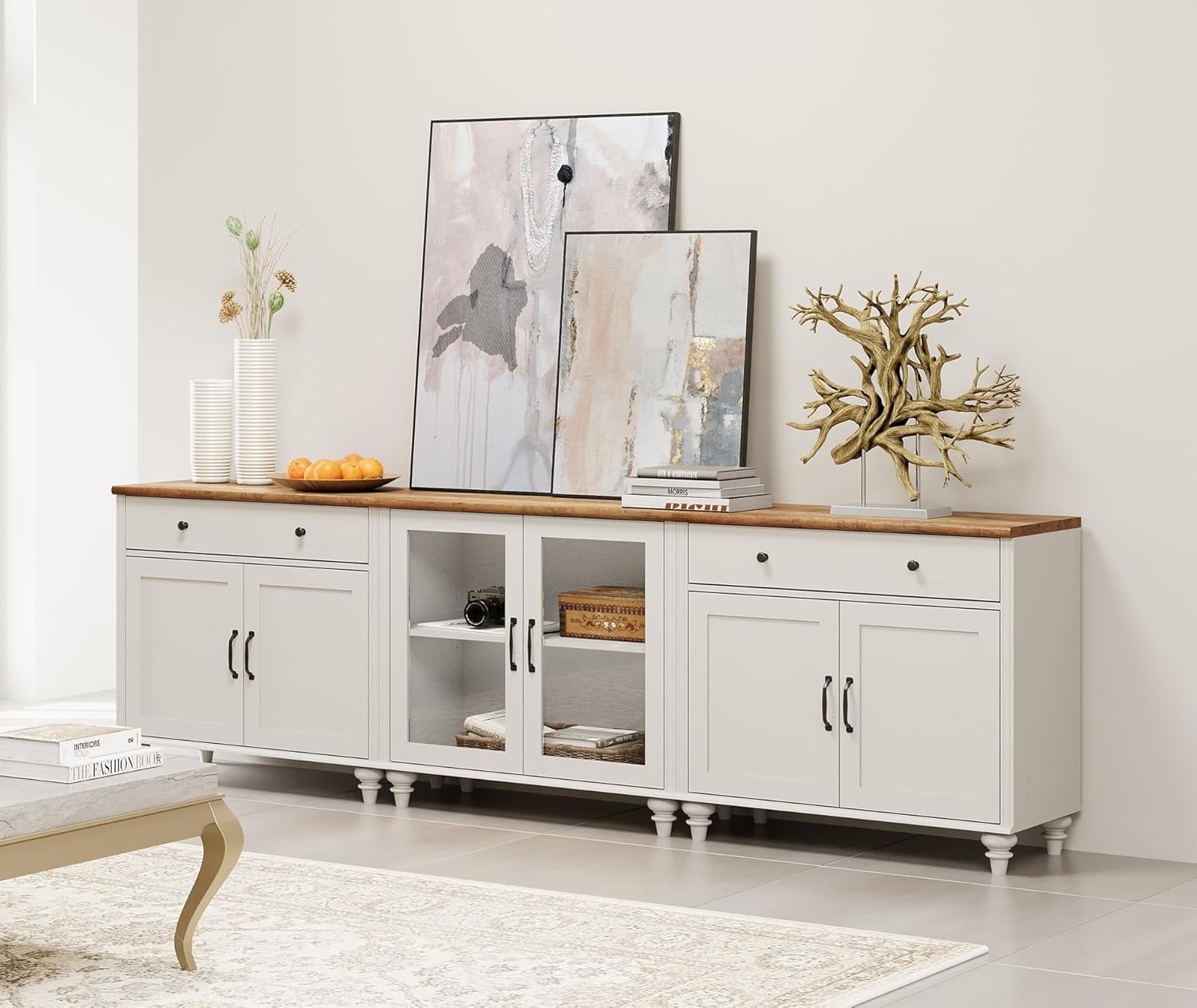 WAMPAT Farmhouse TV Stand for 100 Inch TV, 3-in-1 TV Console Table for 75/80/85/90 Inch TV, Entertainment Center with Glass & Wood Door, Kitchen Sideboard Buffet Cabinet for Dining Room, White