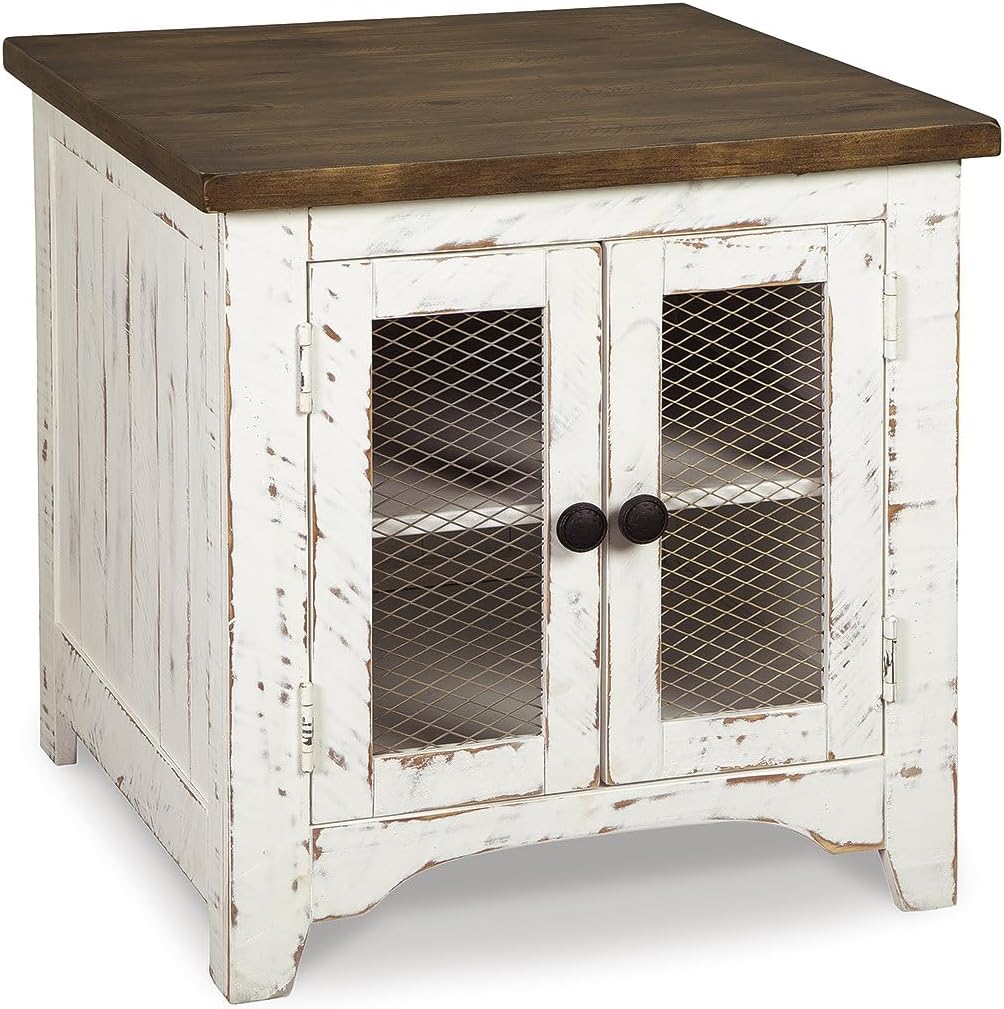 Signature Design by Ashley Wystfield Farmhouse End Table with Storage, Distressed White & Brown Finish