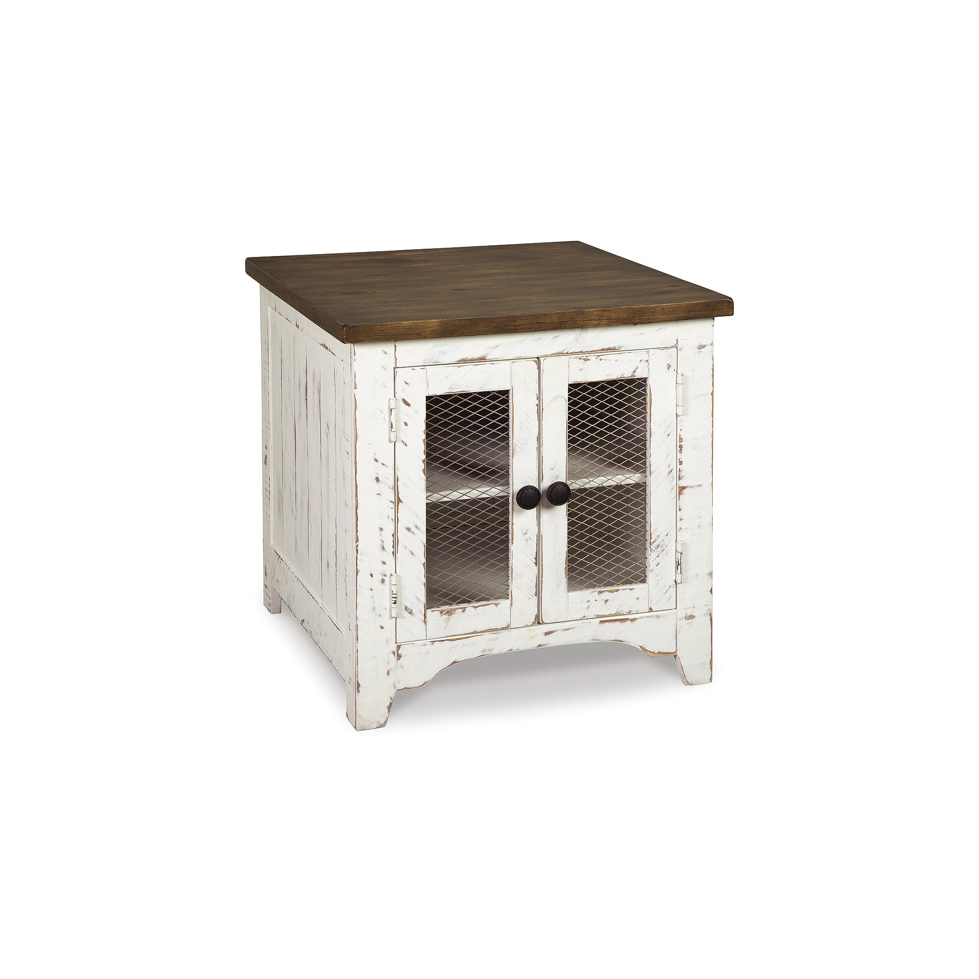 Signature Design by Ashley Wystfield Farmhouse End Table with Storage, Distressed White & Brown Finish