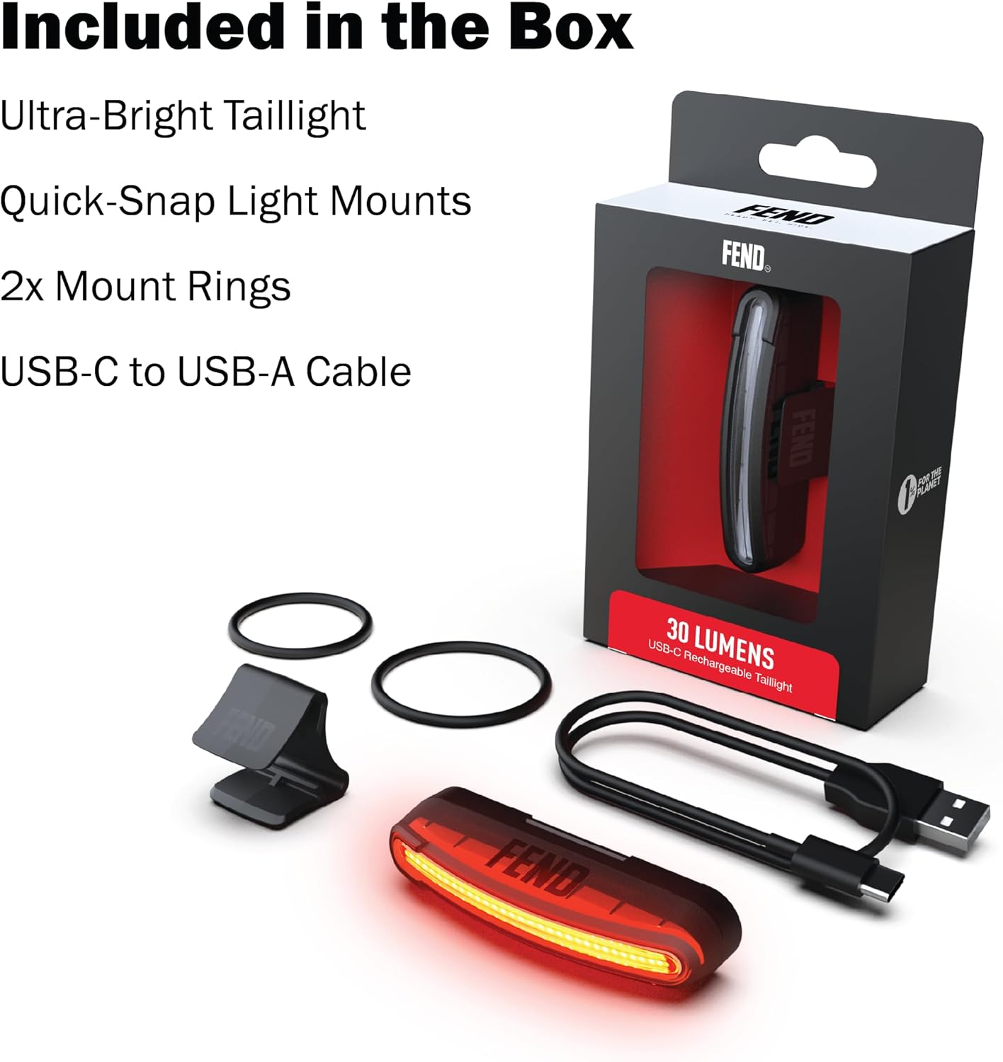 FEND Super Plus Bike Light Set – Ultra-Bright USB-C Rechargeable Front & Rear Lights, 30 Lumen Output, IPX6 Waterproof, Solid/Flash Modes, FEND Super Helmet or Bike Mount Compatible