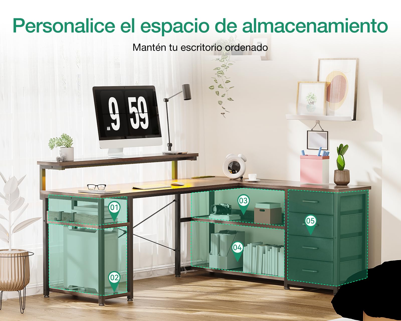 ODK Escritorio con Cajones, 155×110cm Escritorio Esquinero Reversible con 2 Enchufes y 2 Puertos USB, Mesa de Oficina en Forma de L con LED para Oficina en Casa, Roble Gris