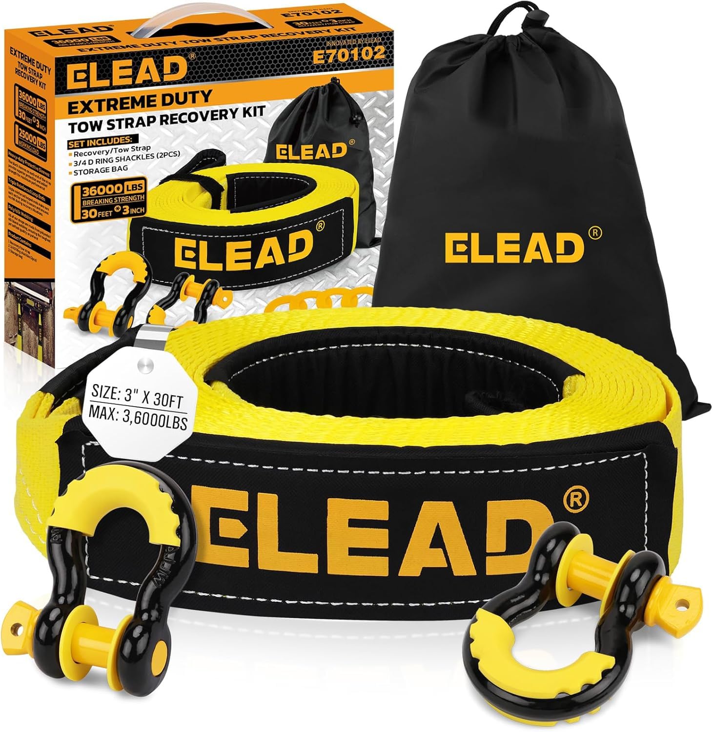 ELEAD Cinghia di traino per recupero, resistente, con ganci, 7,6 cm x 9,6 m, resistenza alla rottura di 16,329 kg, anelli a D 3/4 (2 pezzi), cinghia di recupero di emergenza per camion, SUV