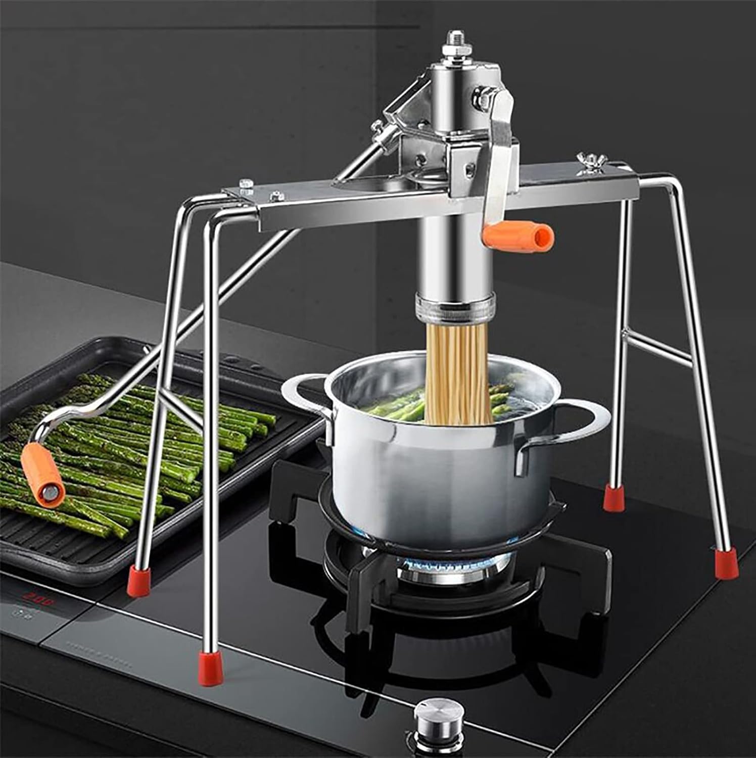 Manual Pasta Maker Spaghetti Cutter Kitchen Cooking Tools Stainless Steel Noodles Pressing Machine 9 Changeable Dough Moulds,Silver,56 * 34cm