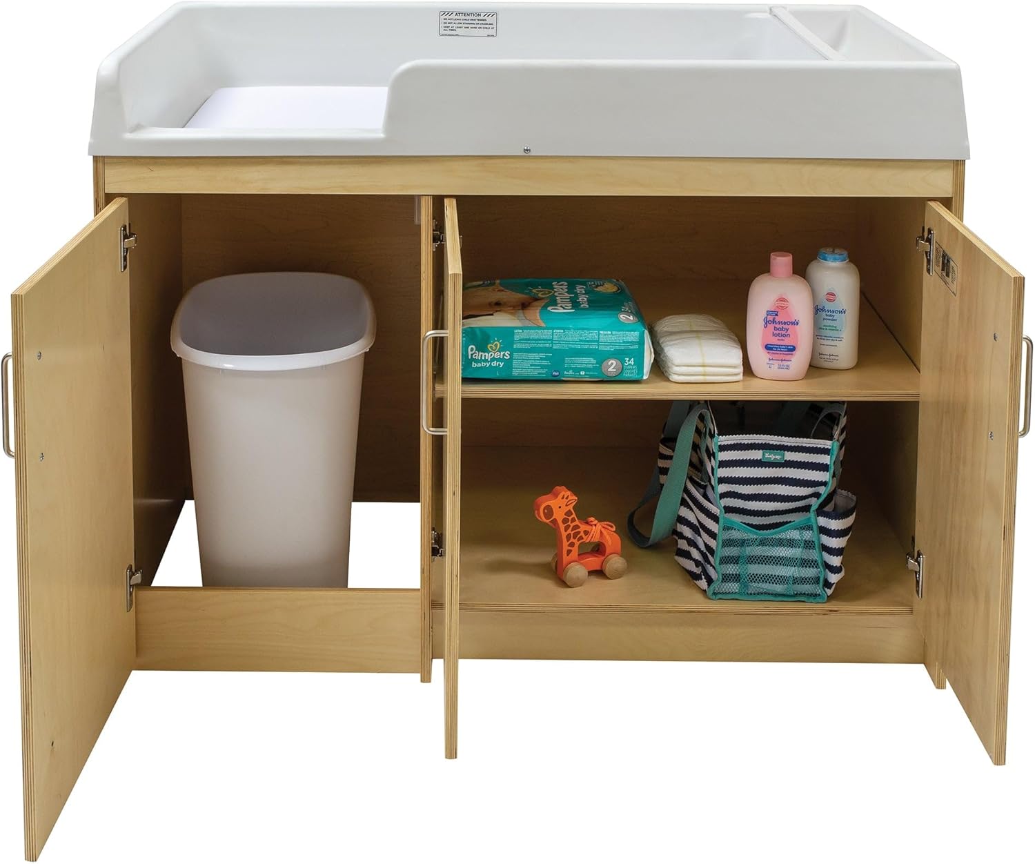 Tot Mate Natural Birch Plywood Infant Changing Table - 47" x 23.5" x 37.5", Adjustable Shelf, Lockable Trash Compartment (Fully Assembled)