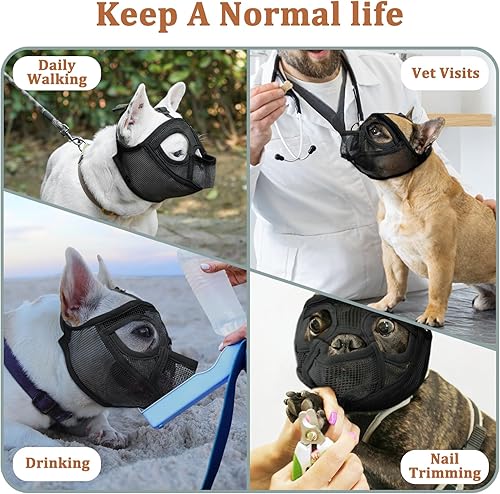 Miniatura 6 de Mayerzon Bozal corto para perro, bozal de bulldog francés con diseño de lengua para evitar comer mordeduras y lamer, bozal de malla para perro Shih