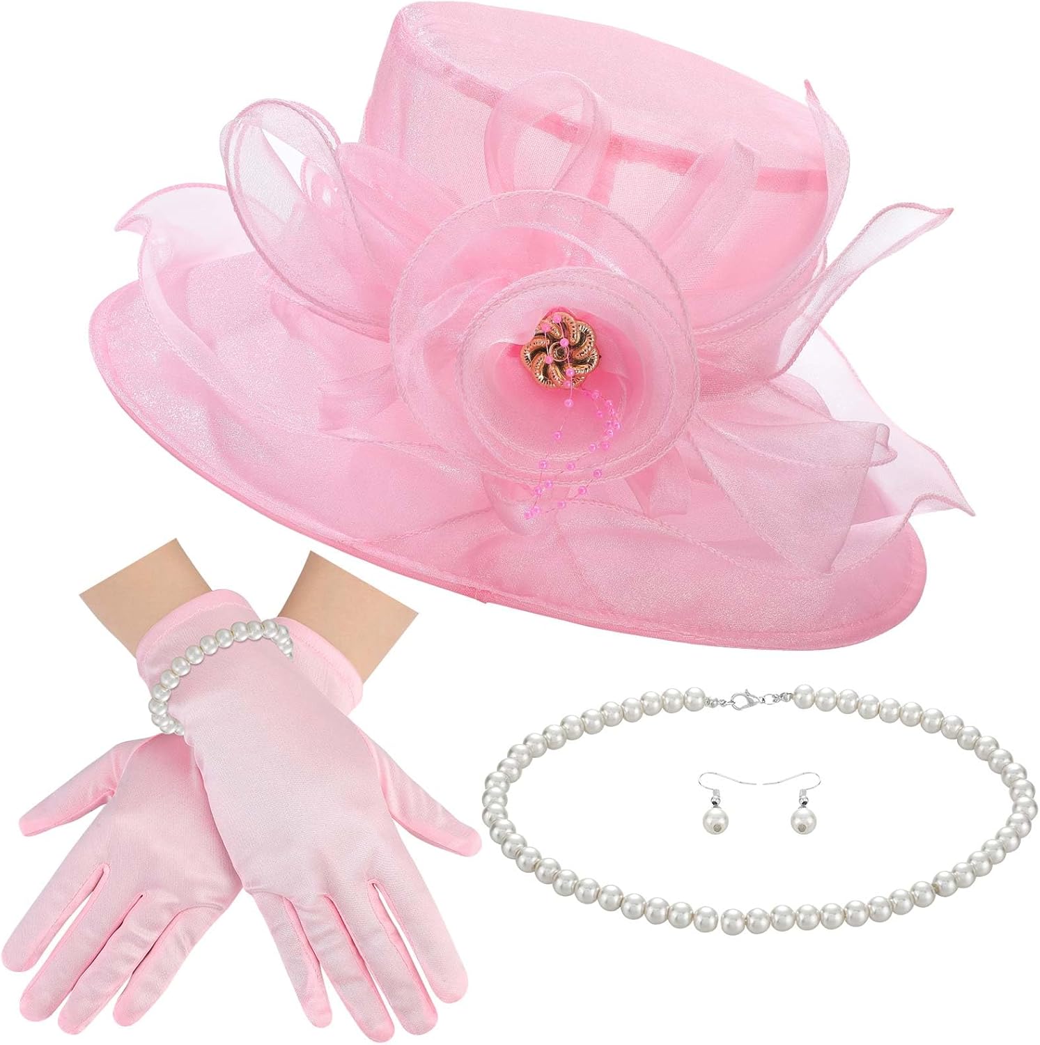 Aurelema 5 Pcs Derby Fascinator Hat Gloves Set for Women Tea Party with Pearl Necklace Bracelet and Earring