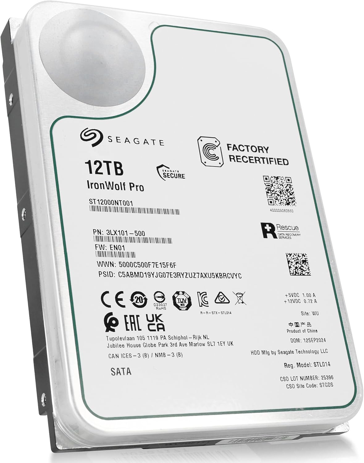Seagate IronWolf Pro, 12 TB, Enterprise NAS Internal HDD –CMR 3.5 Inch, SATA 6 Gb/s, 7,200 RPM, 256 MB Cache for RAID Network Attached Storage (ST12000NT001) (Renewed)