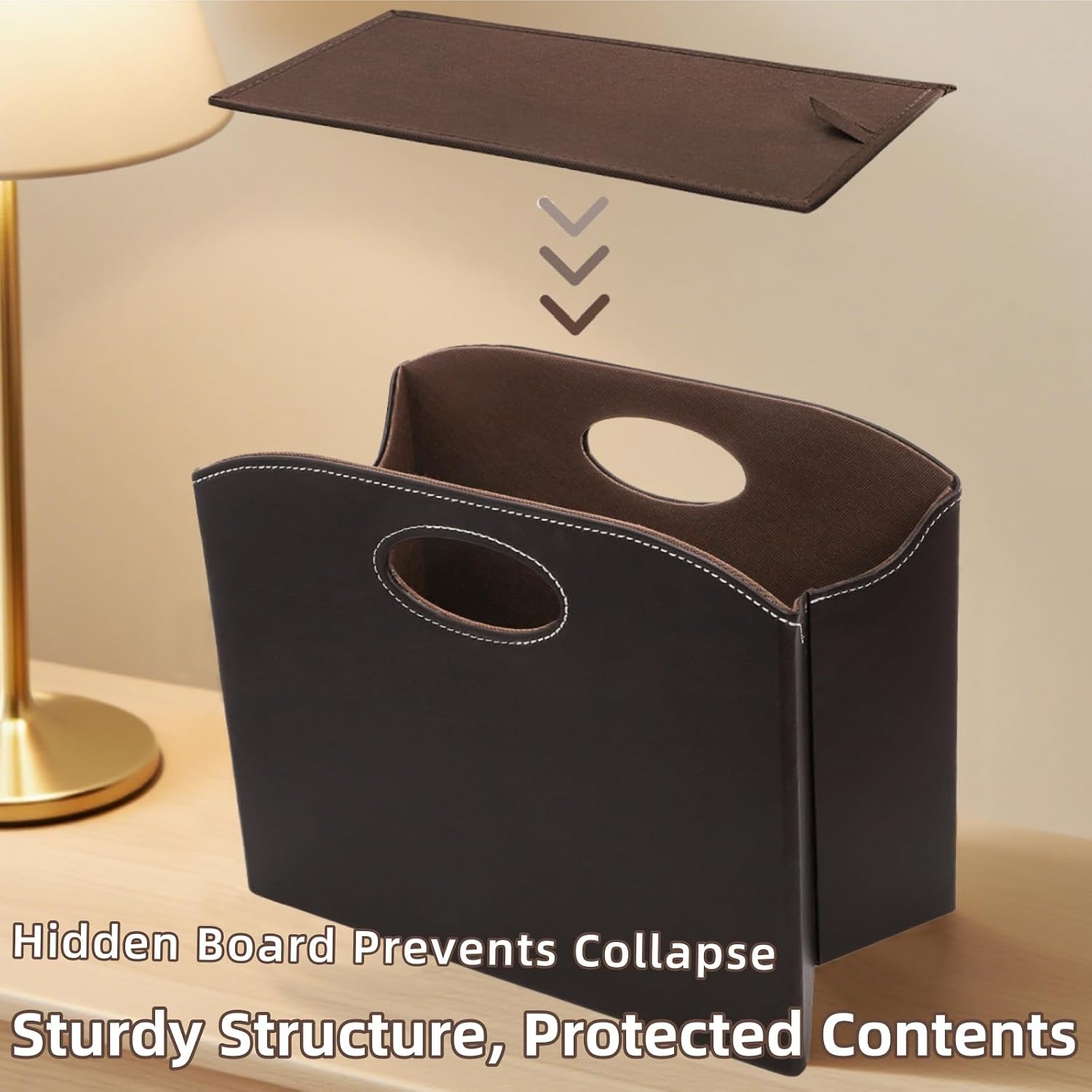WRINGKIT Leather Magazine File Holder, Foldable Magazine Basket with Handles, Stable Brown Magazines Rack Floor, Document File Folder Organizer Box, Books Newspaper Storage Bin for Office Home School