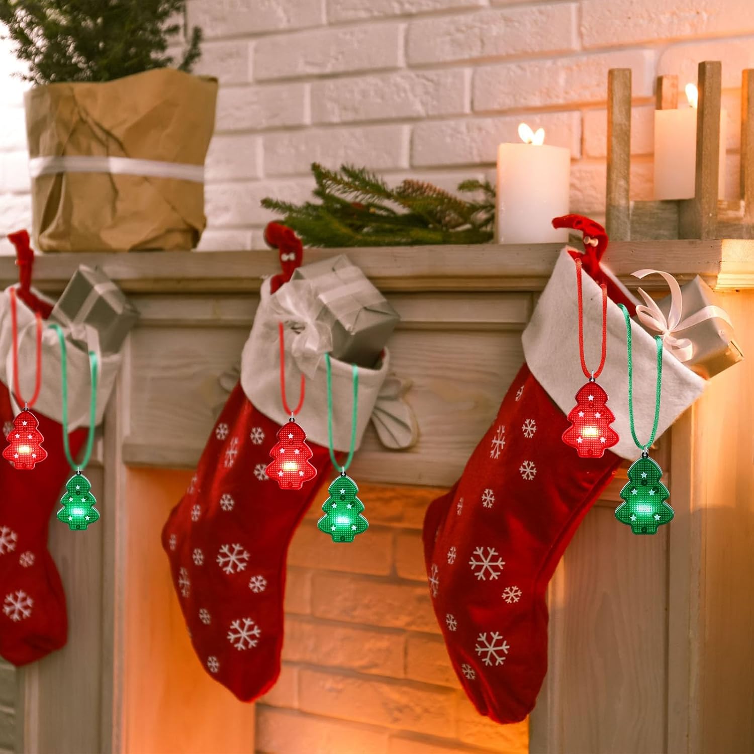 Yinkin 30 Pcs Christmas Light up Necklace for Adults Flashing Necklaces Christmas Accessory for Xmas Party Favors Stocking Stuffers Xmas Ornaments Decoration Party Supplies (Tree)