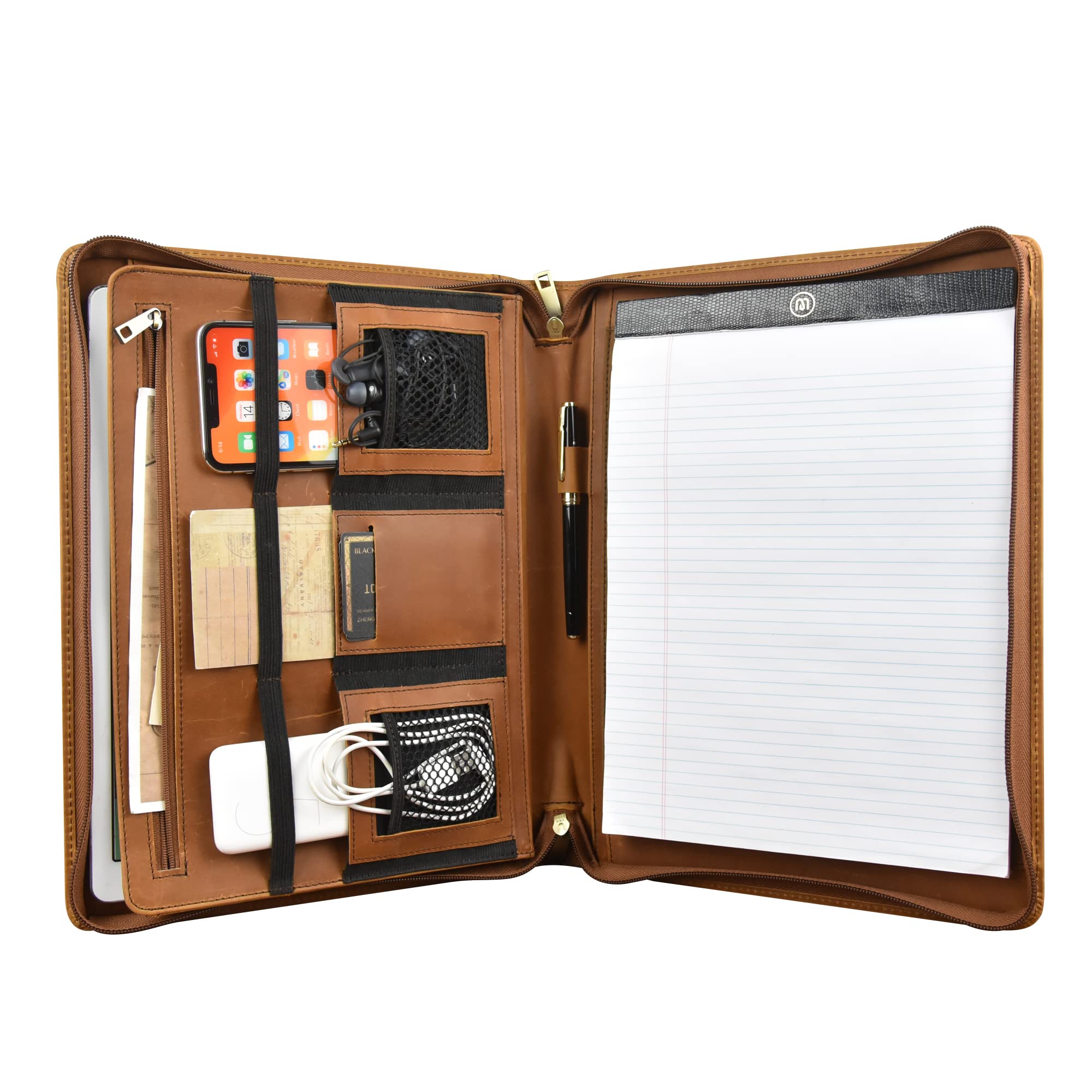 Calfinder Conference Folder A4 Leather Writing Case with A4 Writing Pad, File Folder with Zip, Document Organiser Folder Portfolio, High-Quality Leather Case, Brown