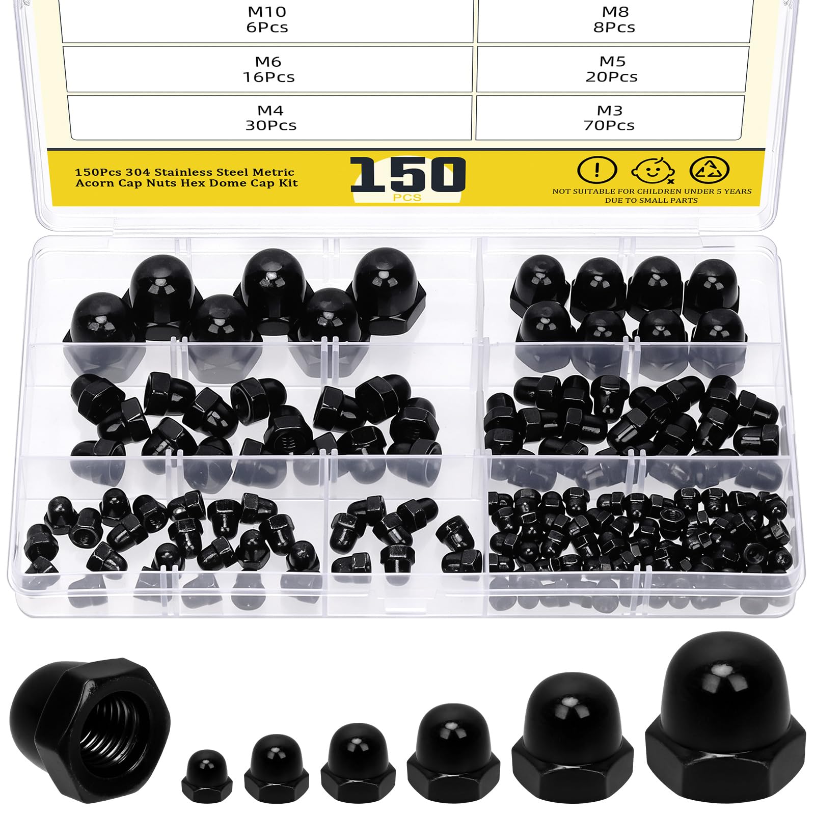 Mardatt 150Pcs M3 M4 M5 M6 M8 M10 304 Stainless Steel Acorn Nuts, Metric Hex Acorn Cap Nuts Assortment Kit, Dome Head for Indoor & Outdoor Use, Black