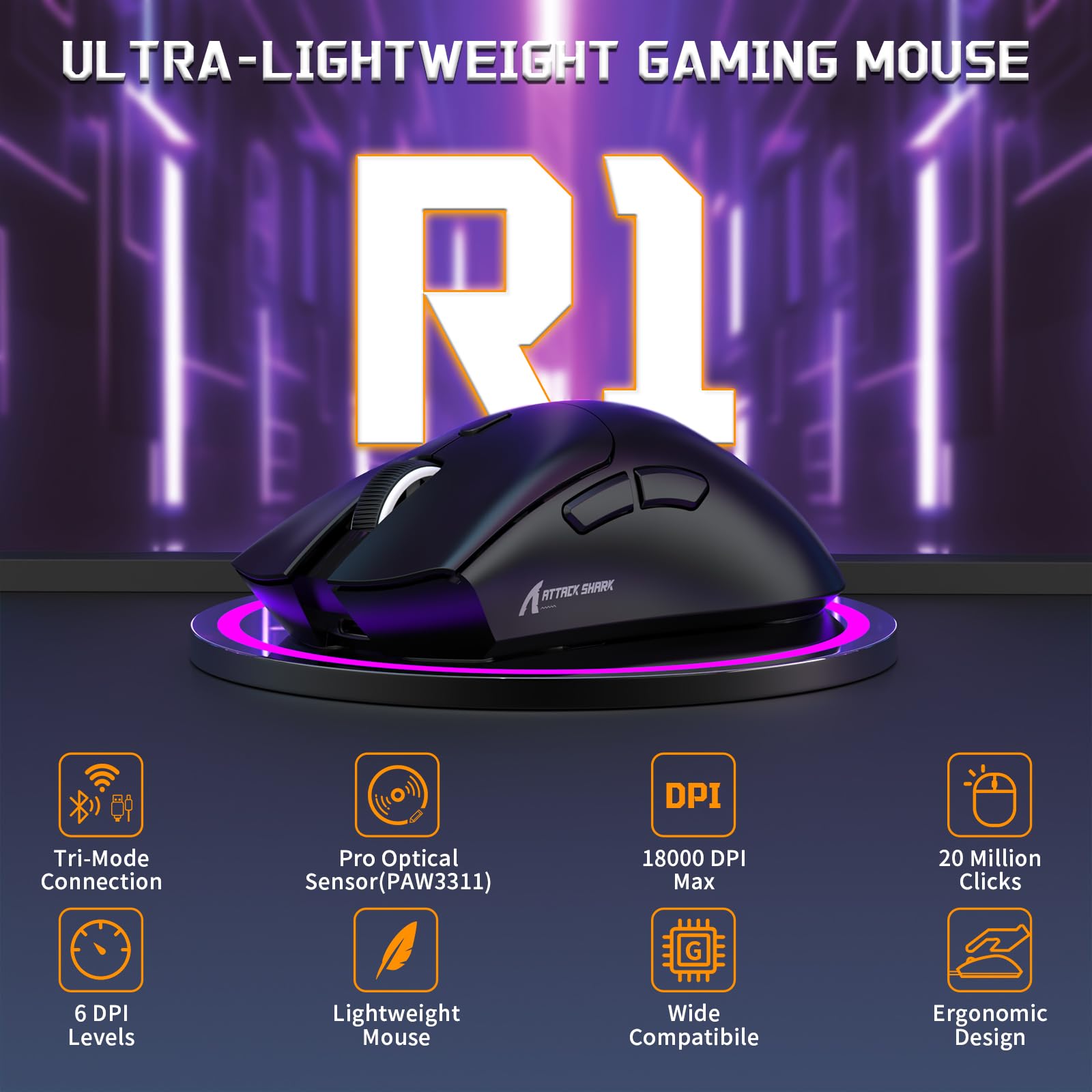 MAMBASNAKE x Attack Shark Combo De Teclado y Ratón para Juegos con Cable, Ratón Inalámbrico Superligero PAW3311 De 59g, Teclado Magnético Mini 65% De Disparo Rápido con Cable En Espiral De 8Khz-Negro