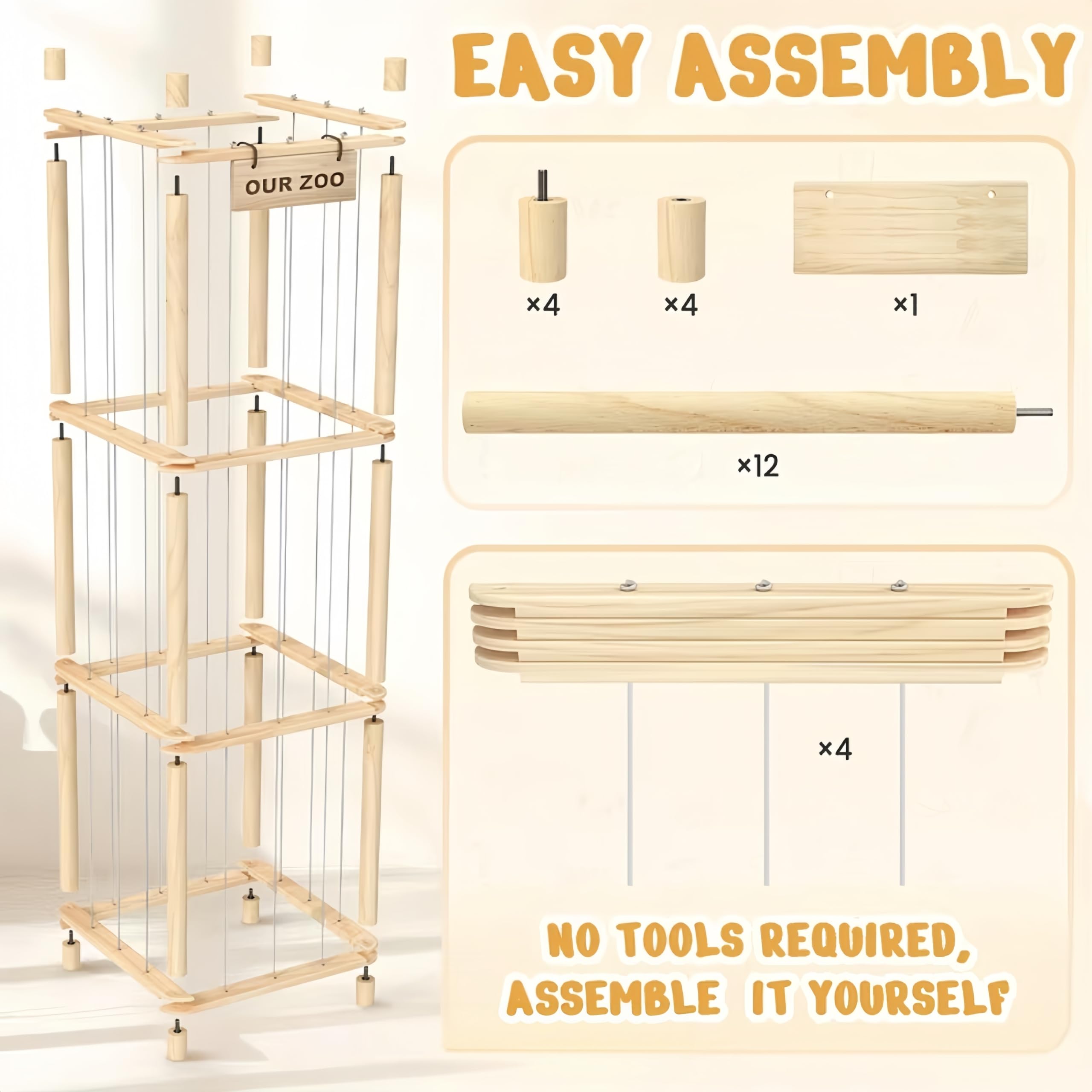 Estantería Organizadora de Peluches en Madera de Pino Natural - Almacenaje de Juguetes para Niños y Niñas 40x40x136 cm - Diseño Creativo Que Ahorra Espacio Ideal para Sala de Juegos
