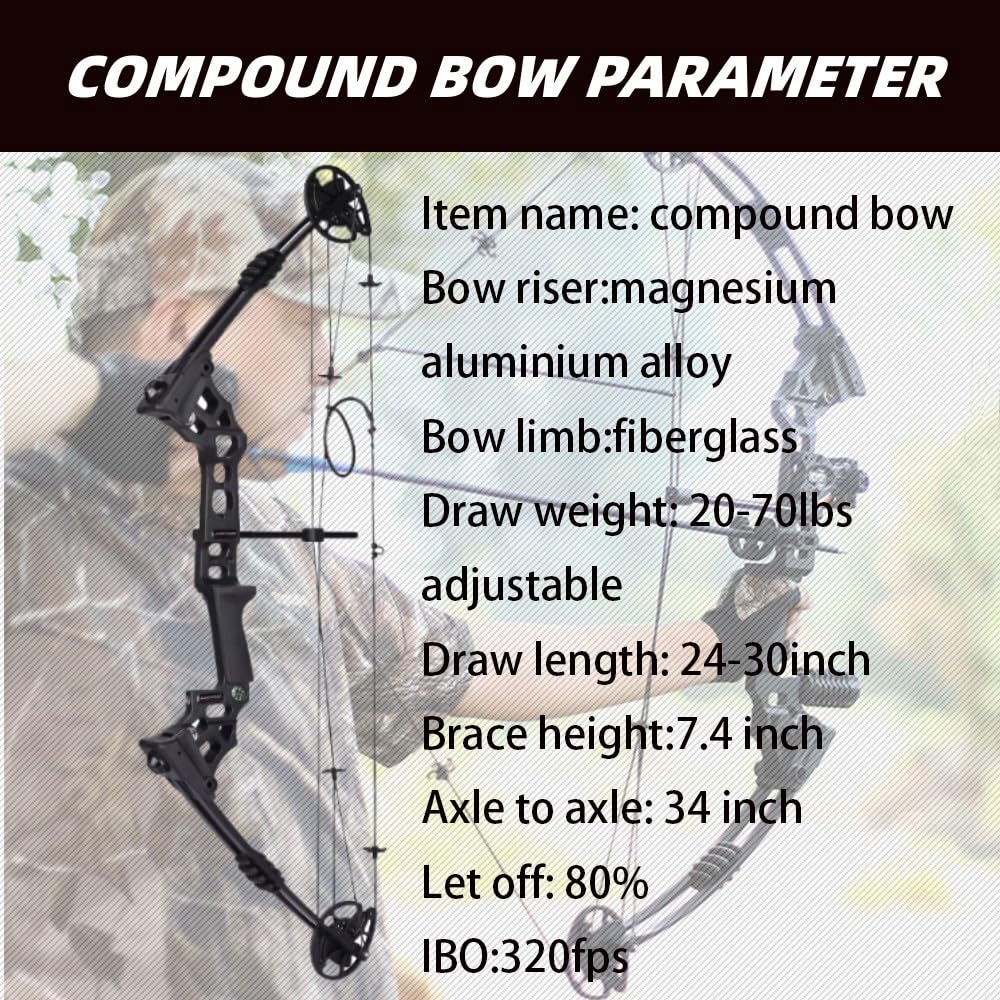 Bowfishing Compound Bow Kit with Bowfishing Reel Bowfishing Arrow, Complete Compound Bow Fishing Kit Right/Left Handed Draw Weight 20-70 LBS for Hunting Fishing (Black, RH)