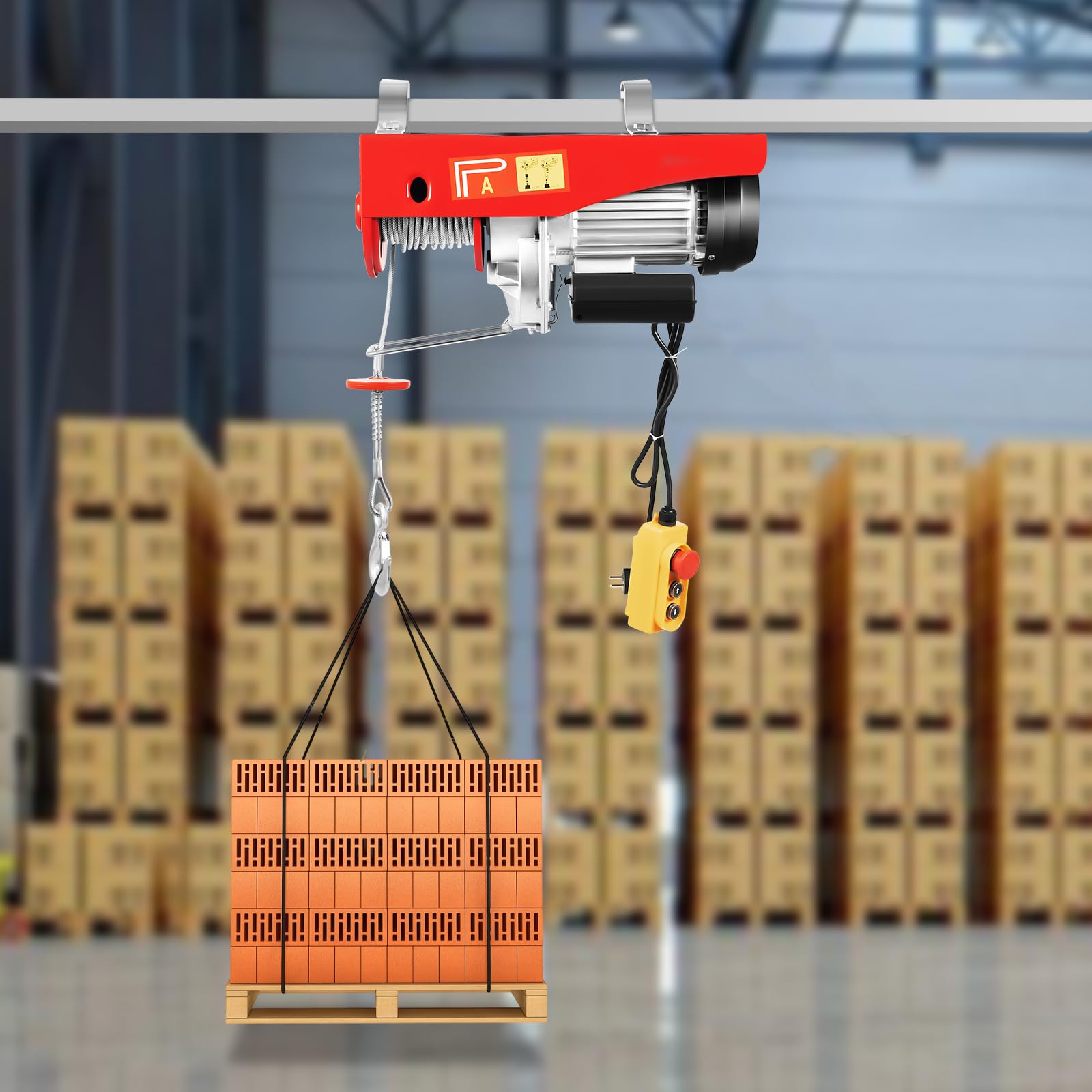 Elektrische Seilwinde 1600W 1000kg, elektrischer Flaschenzug mit 12m Drahtseil & IP40, Hebezeug für Werkstatt, Garage & Lager, 8m/min (500/1000kg, 48cm)