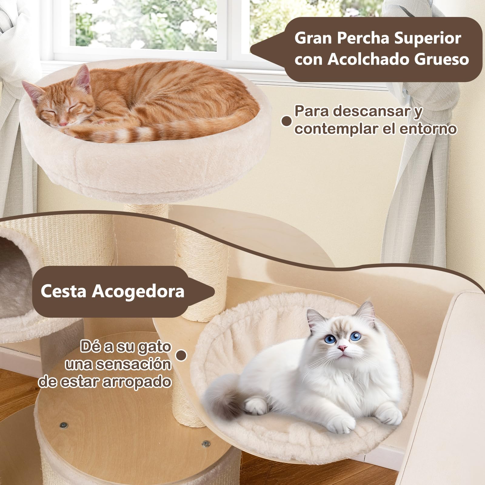 GYMAX Árbol Alto para Gatos, Centro de Actividades Multinivel para Gatitos, Torre con Postes Rascadores de Sisal, 2 Espaciosos Condominios, Percha Superior de Felpa, Hamaca, Pelota, Cubierta Removible