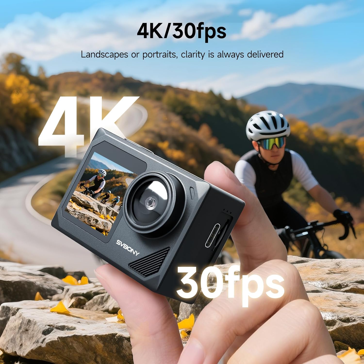 SVBONY SVGo2 Action Camera 4K30FPS 50MP, 5X Zoom Touch Screen Sports Camera, Waterproof Cameras,6-Axis EIS with Floating Selfie Stick, Wired Microphone, 2 Batteries, for Sports Vlog image 3 of 9 B0FF29D7K1