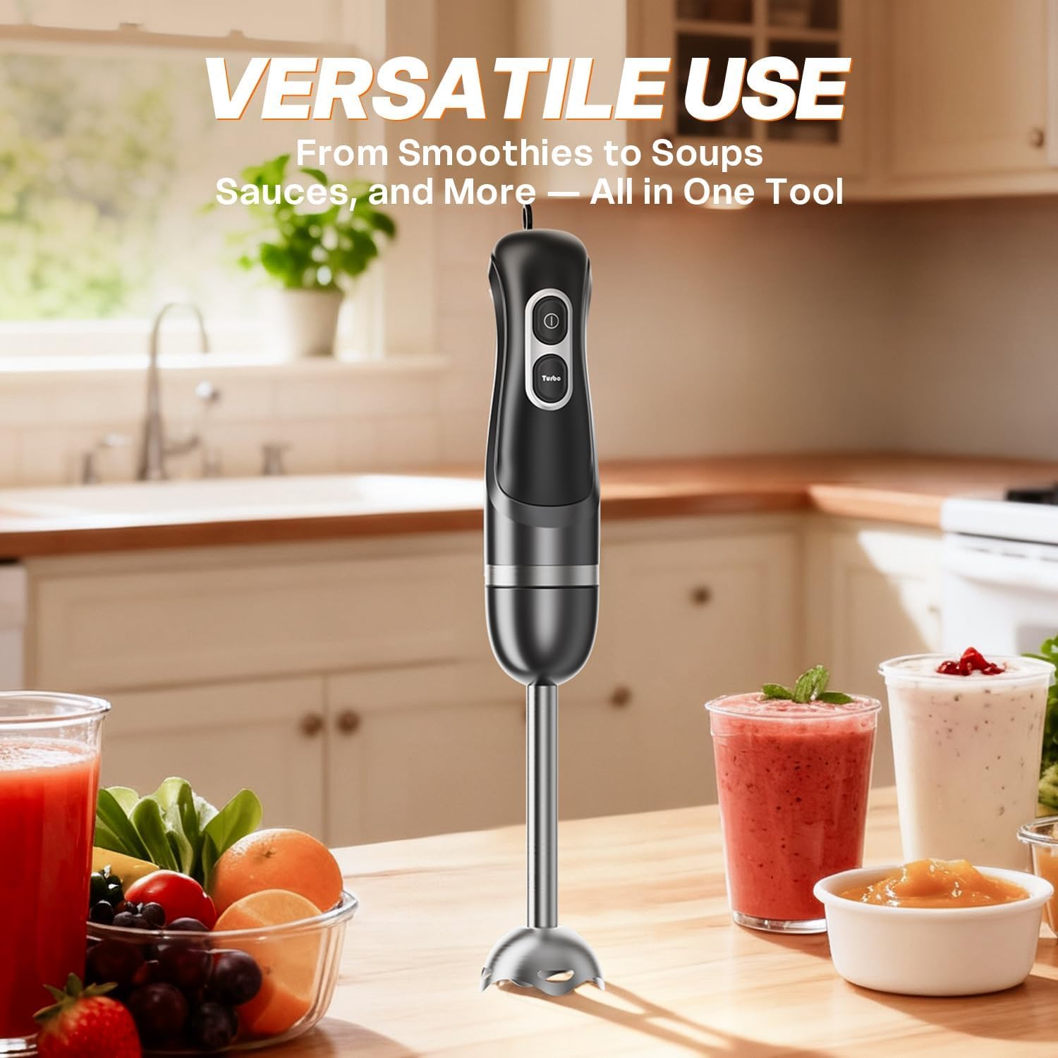 BESROY Frullatore a Immersione 1100W, Mixer ad Immersione Elettrico con 2 Velocità + Turbo, Acciaio Inox, Lavabile in Lavastoviglie, Frullatore a Mano per Omogeneizzati, Smoothie & Vellutate, Nero