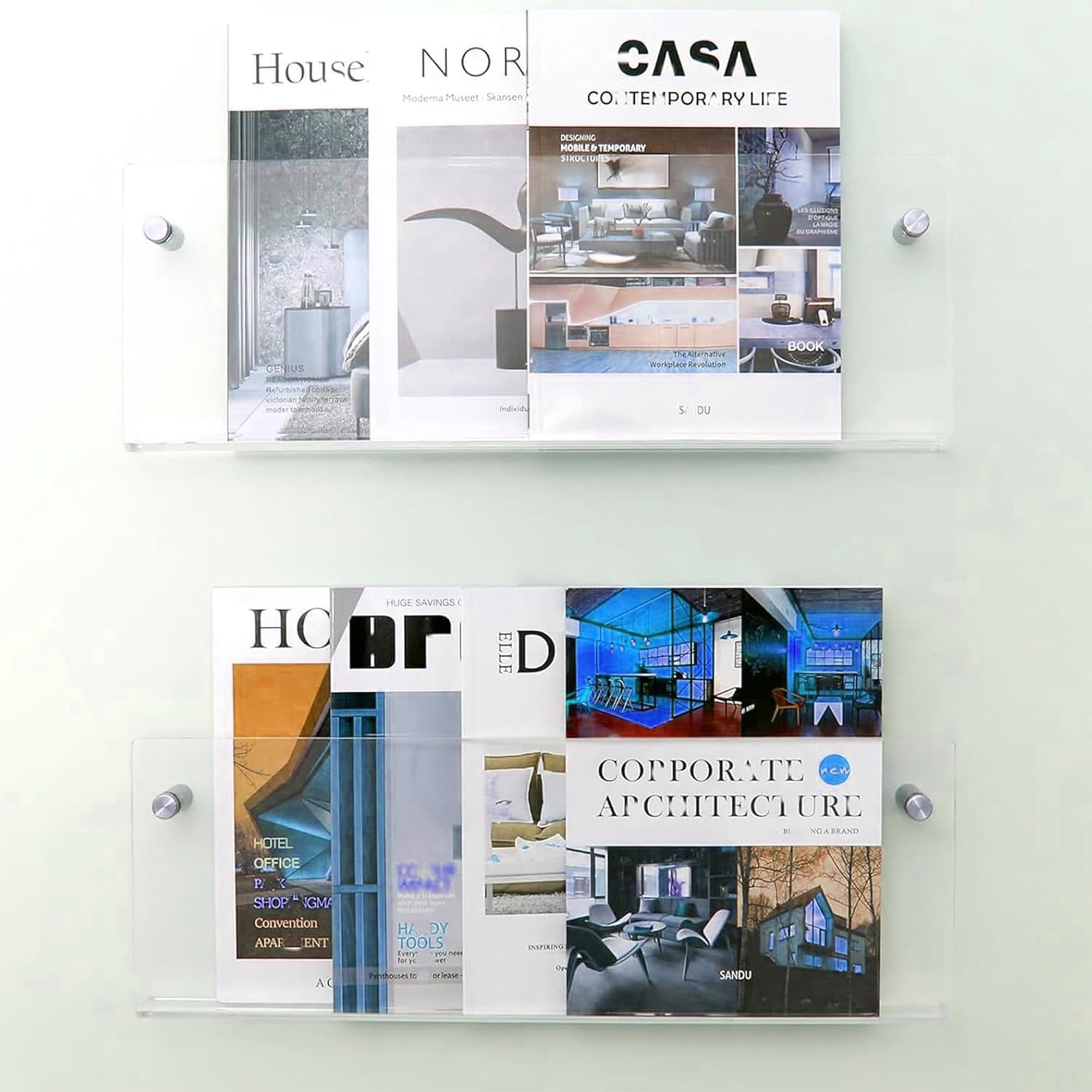 Gwezmxs 2 Pack Modern Acrylic Magazine Rack, 15.7" x 5.9" Wall Bookshelf - Transparent