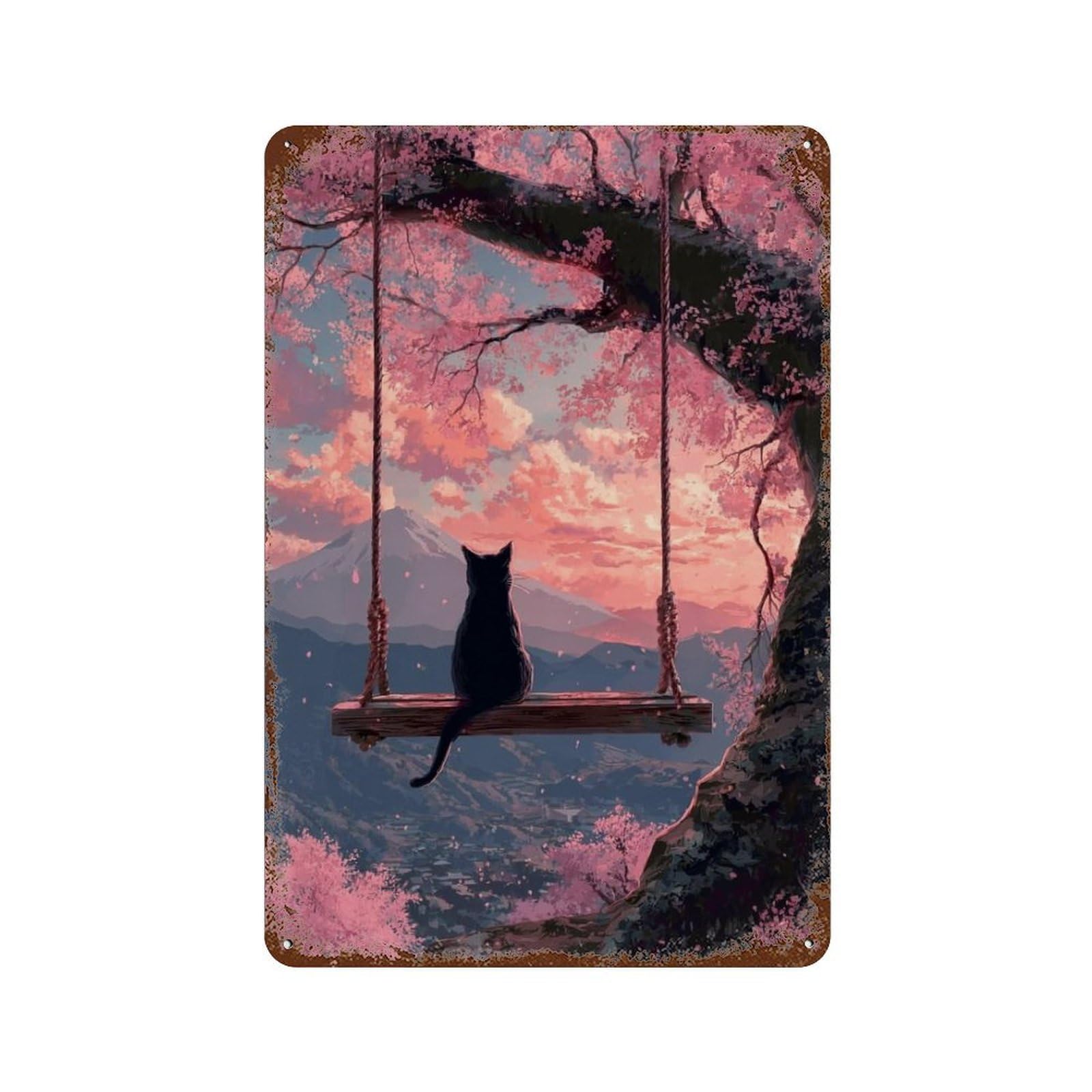 Cherry Blossom Swing Cat Scene Distressed Metal Wall Sign 11.8"x7.9", Shabby Chic Decor for Garage, Pub Or Kitchen