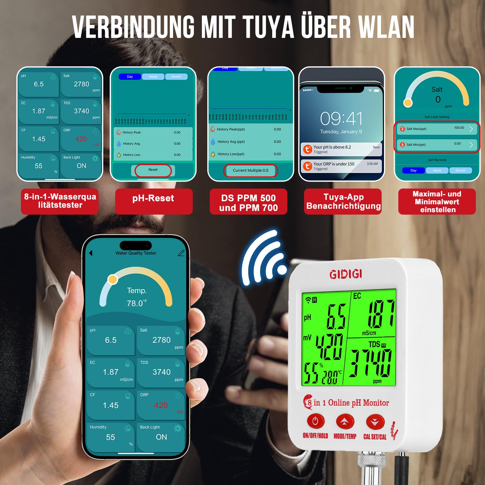 Yieryi 8-em-1 wifi inteligente testador de qualidade da água ph orp tds
