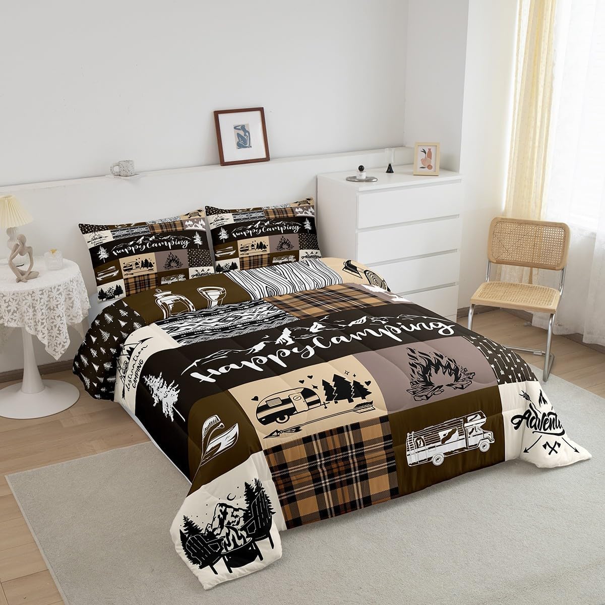 Castle Fairy Happy Camping Comforter Set Queen Size,RV Camper Adventure Tent Patchwork Bedding Set for Women Adult,Rustic Farmhouse Lake Cabin Brown Check Luxury Bed Duvet Insert, 2 Pillowcases