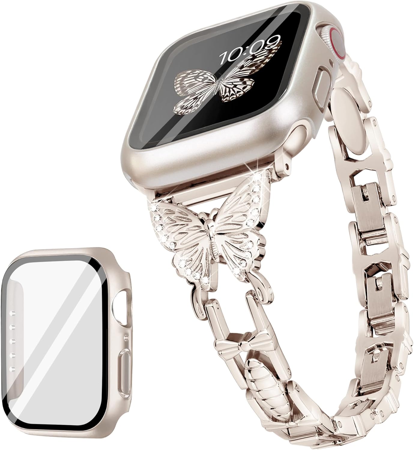 Wipalor Compatible with Apple Watch Band Series 8 7 45mm+ Starlight Case, Lightweight for Women, Easy Adjustable Bracelet, Shiny Diamond on Butterfly, Jewelry Metal Strap for iWatch Series 8 7(Starlight)