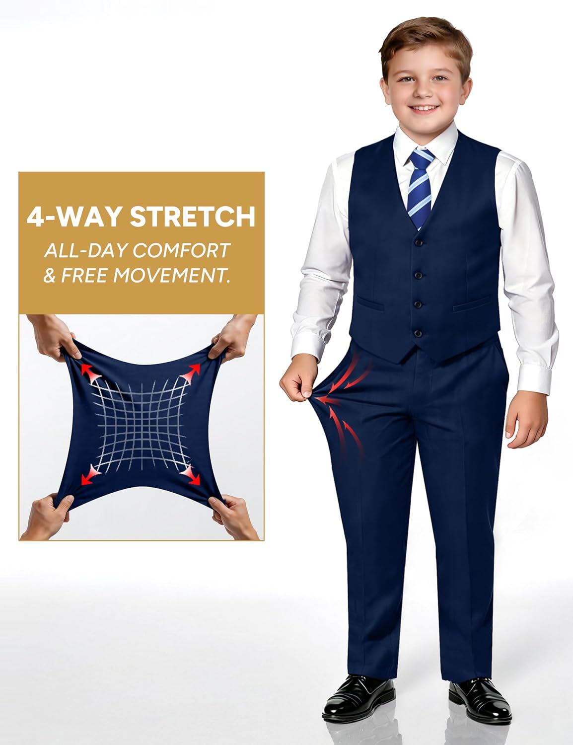 Boys Suit 5-Piece 4 Fits Husky/Plus Size/Slim/Regular Adjustable Waist + Suspenders