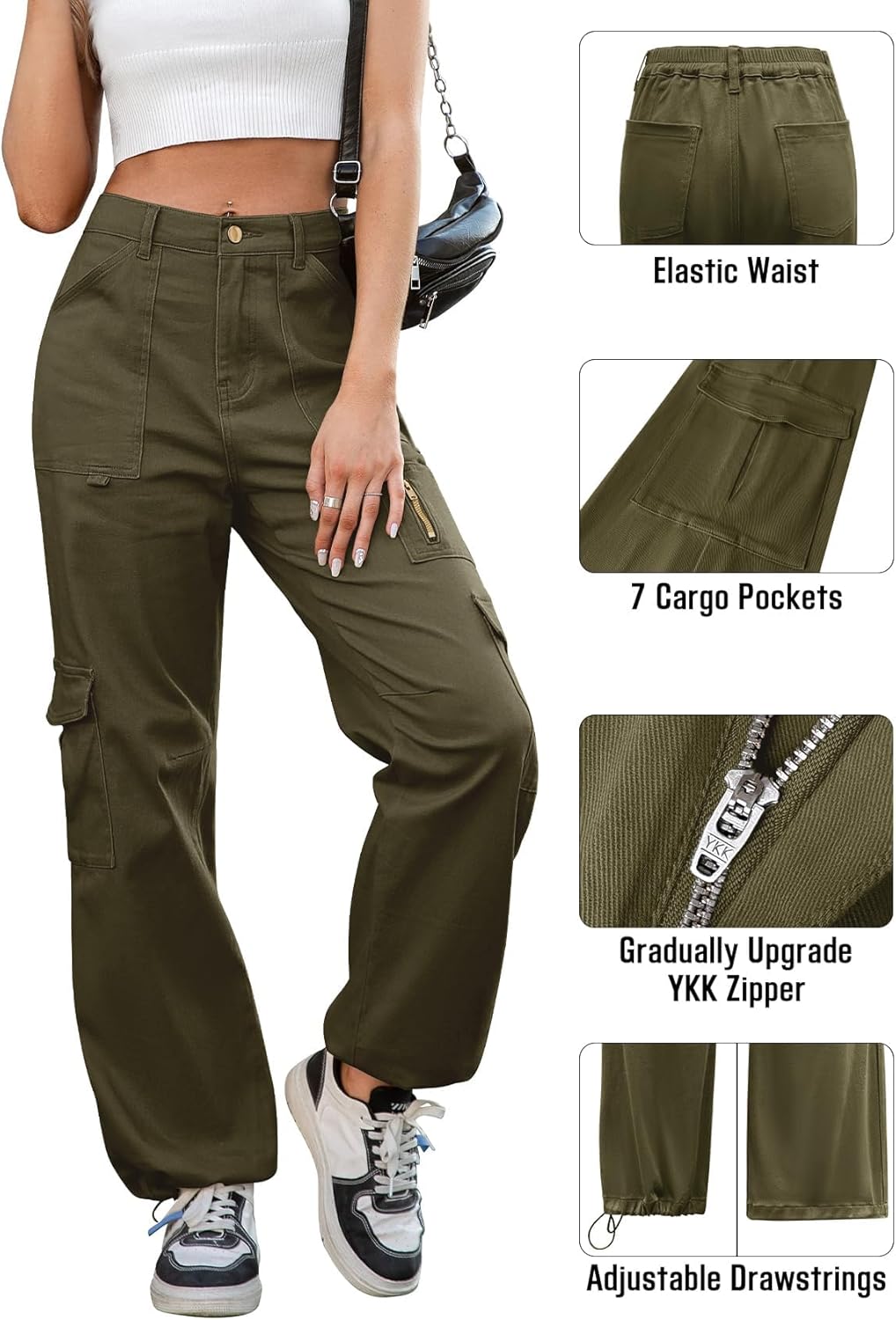 IVIR Cargo Pants Women High Waist Wide Leg Casual Pants with 7 Pockets Stretchy Drawstring Baggy Y2K Trousers - Image 4