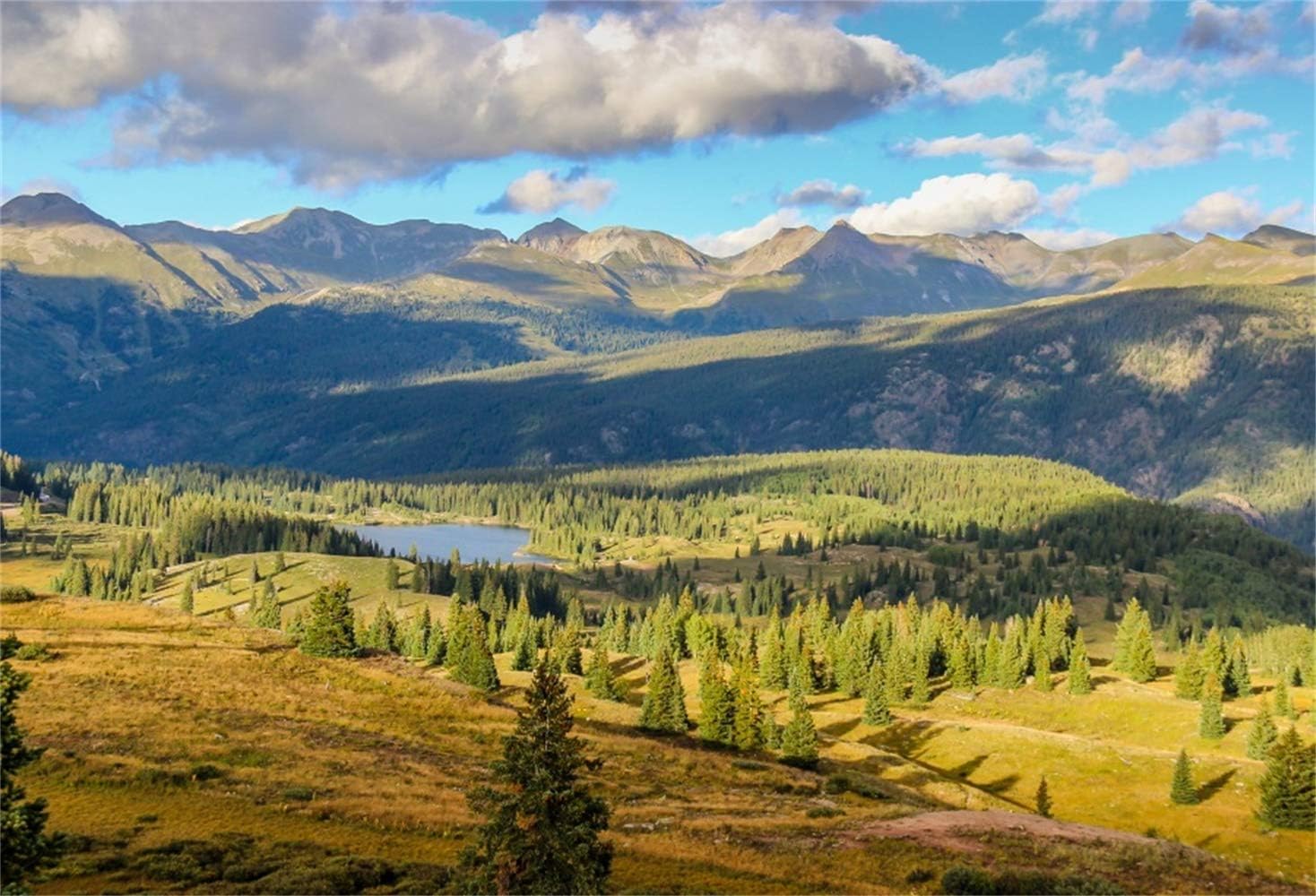 Laeacco 10x8ft Mountain Landscape Backdrop Lake Trees Blue Sky White Cloud Nature Scenery Photography Background Outdoor Realistic Photographic Shoot Background Wedding Photo Studio Props