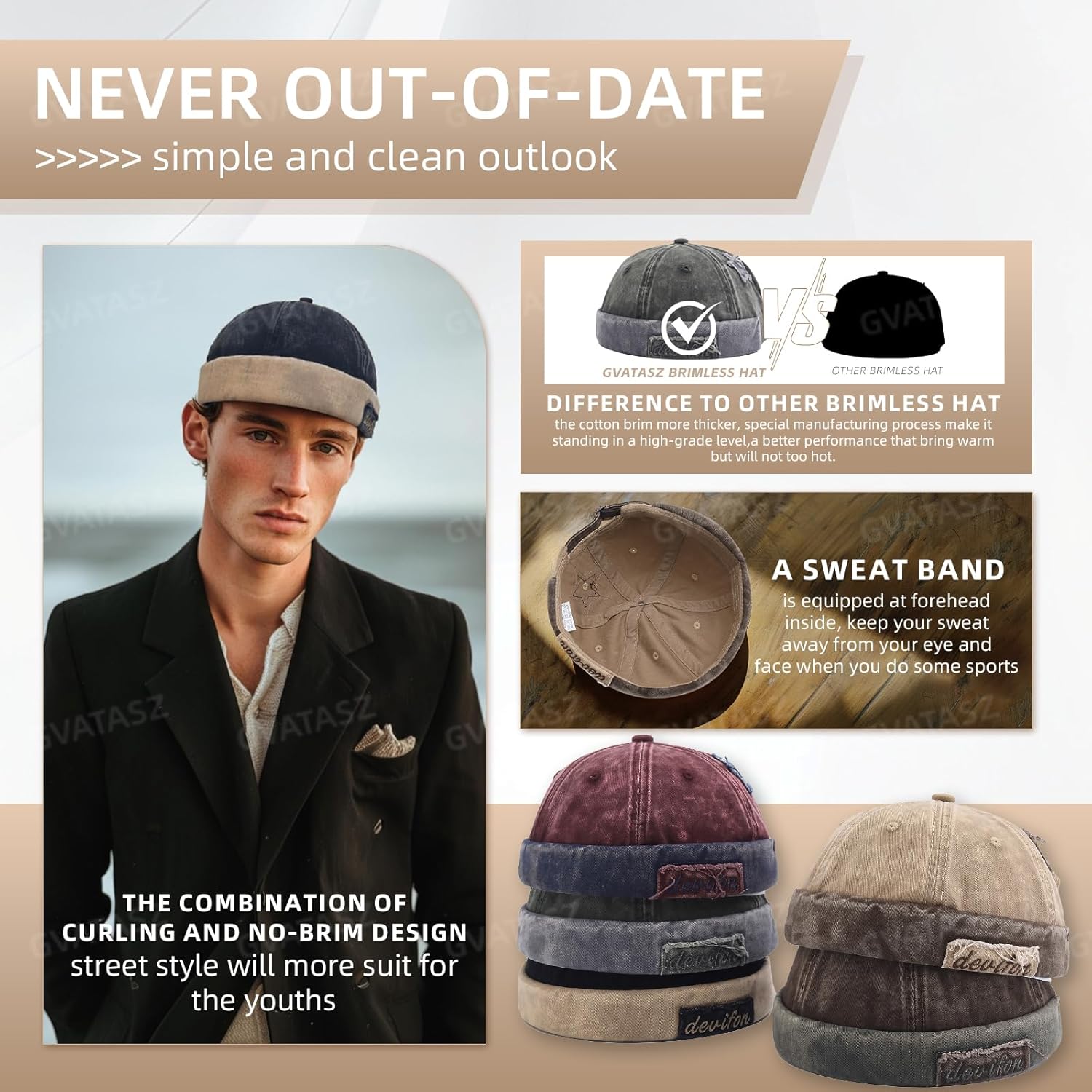 Washed Cotton Brimless Distressed Docker Cap Adjustable Street Casual Sailor Cap Skullcap Beanie Hat Landlord Hats - Image 6