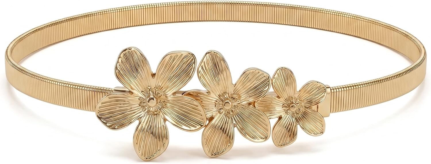 Floral Belts for Women Gold Metal Stretch Waist Skinny Elastic Waistband Decorative Dress Sash Alloy Fashion Accessory for Evening Gown