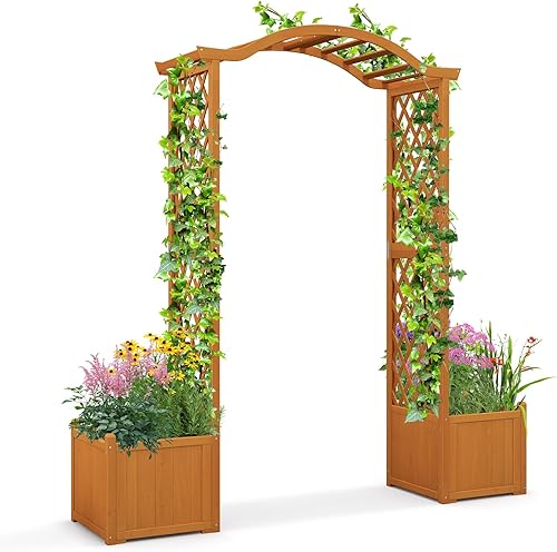 Miniatura 1 de Giantex Cenador de jardín con maceta, arco de madera con enrejado, arco al aire libre para plantas trepadoras, verduras, hierbas, decoraciones, arco