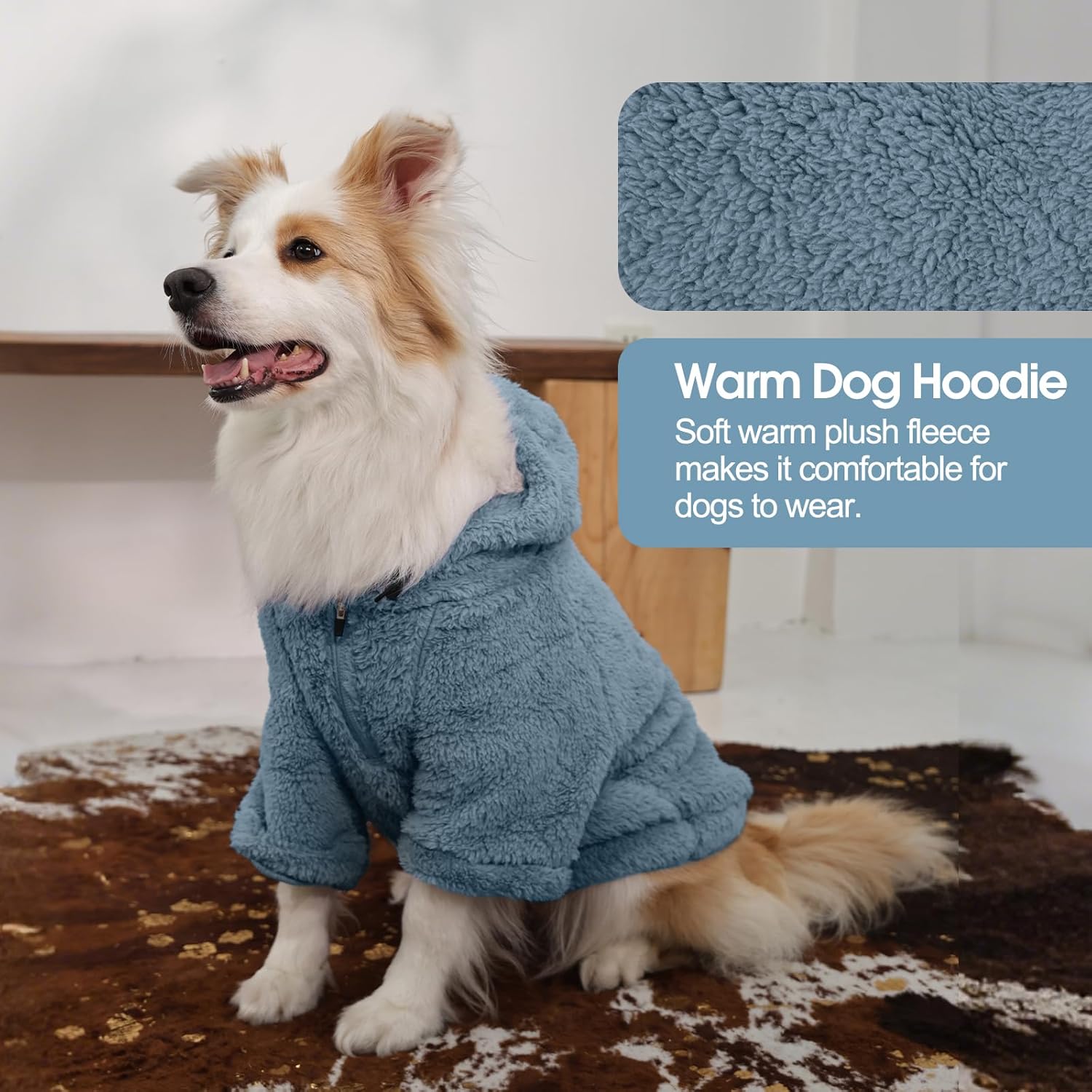 IDOMIK Fuzzy Dog Sweater with Adjustable Hood, Warm Fleece Dog Sweater Hoodie with Harness Hole & Pocket, Pullover Sweaters for Large Dogs, Fuzzy Hooded Sweatshirt for Fall Winter Christmas,Blue,2XL