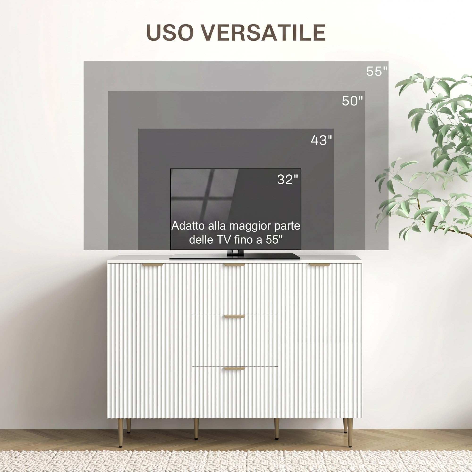 HOMCOM Credenza Cucina Buffet Moderna 3 Cassetti 2 Ante 120x40x90 cm Bianco | 2 Armadietti, Ripiani, Piedini Regolabili, Mobile Cucina, Madia Soggiorno Moderna, Ingresso, Legno