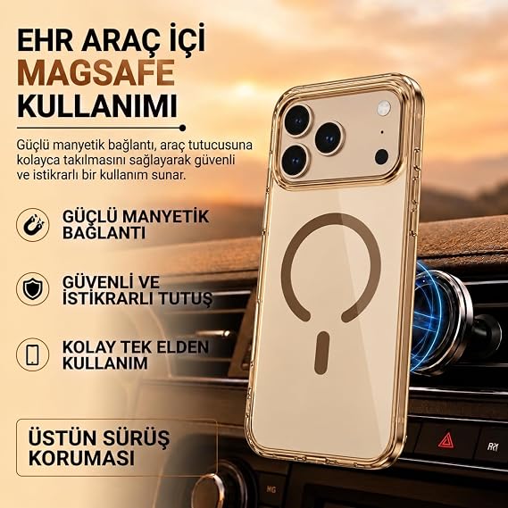 Ehr. iPhone 17 Pro/iPhone 18 Pro ile Uyumlu Magsafe Wireless Şarj Özellikli Kamera Çıkıntılı Sararmaz Sert Şeffaf Silikon Kılıf (Kahverengi, iPhone 17 Pro/iPhone 18 Pro)