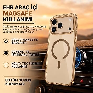 Ehr. iPhone 17 Pro/iPhone 18 Pro ile Uyumlu Magsafe Wireless Şarj Özellikli Kamera Çıkıntılı Sararmaz Sert Şeffaf Silikon Kılıf (Kahverengi, iPhone 17 Pro/iPhone 18 Pro)