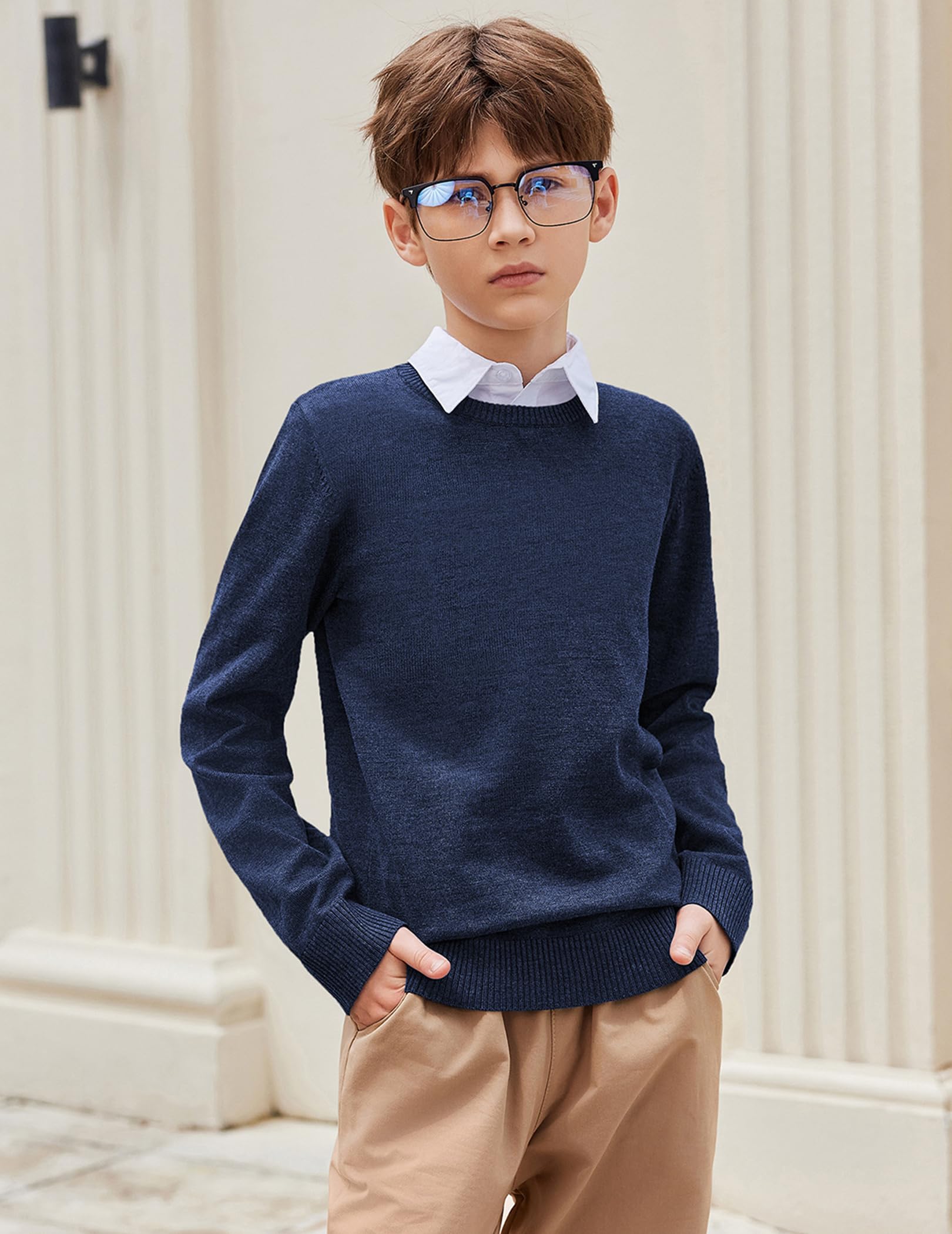 Arshiner Pull en Maille à Manches Longues pour garçon Automne/Hiver Couleur Unie col Rond Pull Basique pour Uniforme Scolaire Chemise à Manches Longues pour Enfants de 5 à 12 Ans