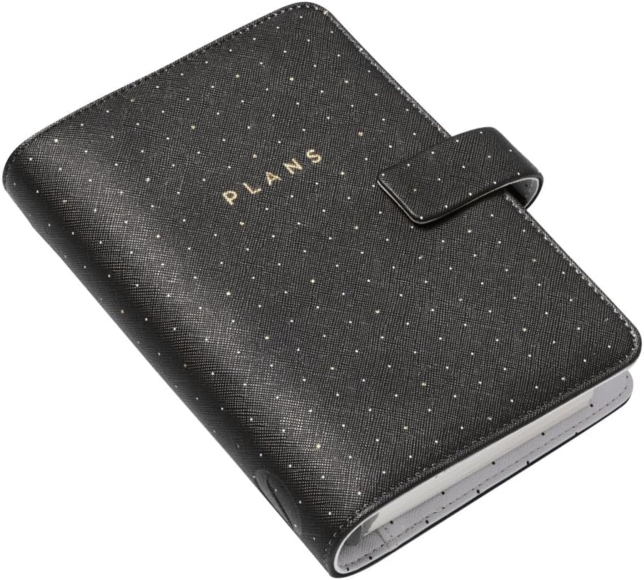 Filofax Moonlight Organizer, Personal Size, Black - Leather-Look, Gold Accents, Six Rings, Week-to-View Calendar Diary, Multilingual, 2025 (C022654-25)